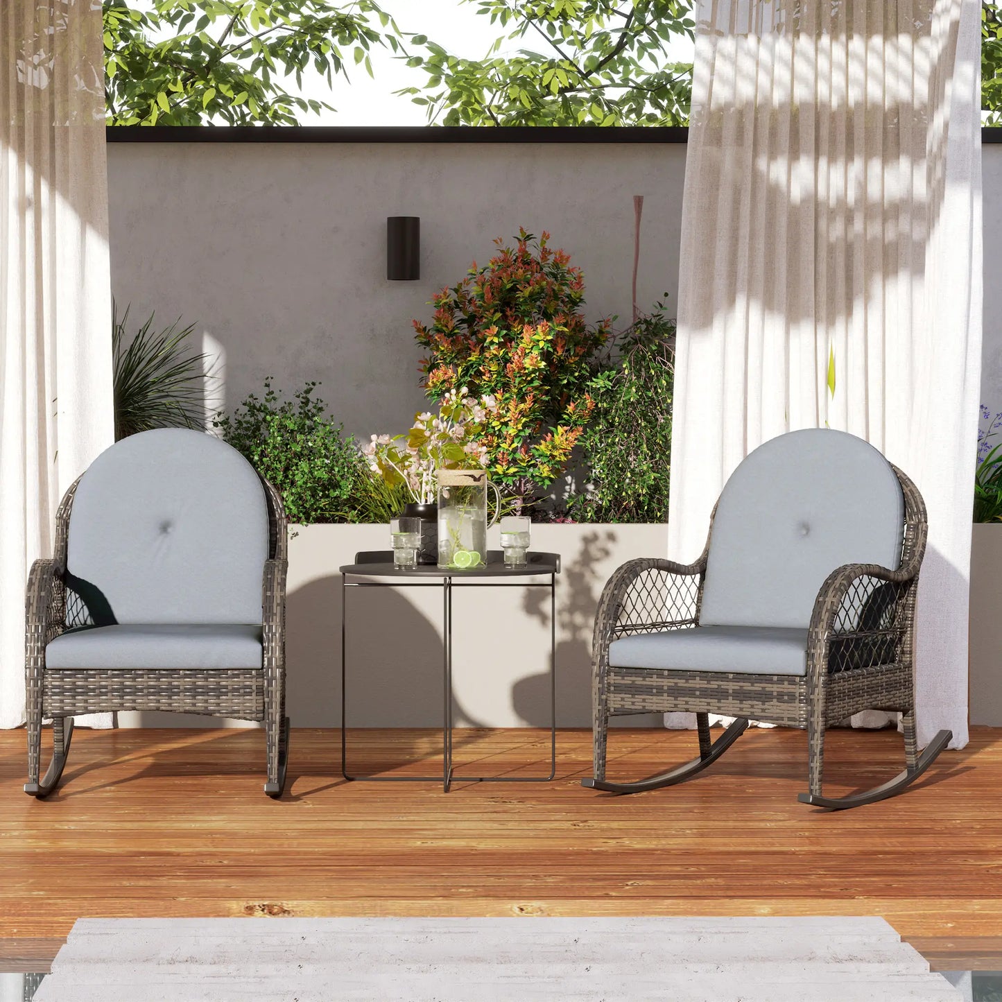 2 Wicker Rocking Patio Chairs, Indoor Outdoor Set with Cushions, Grey Outdoor Rocking Chairs at Gallery Canada