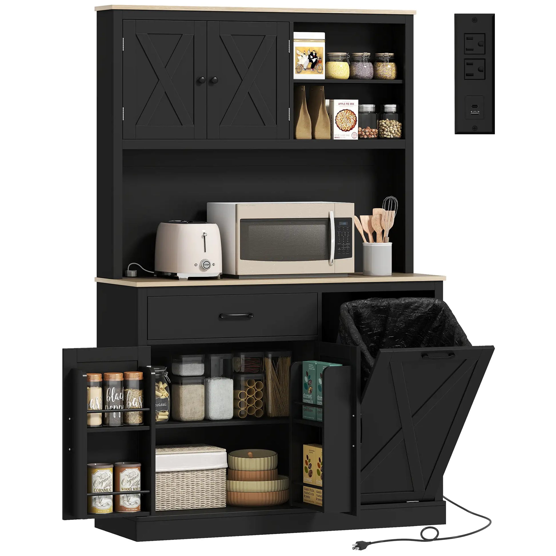 69 Inch Pantry Cabinet with Charging Station, Microwave Stand, Tilt-Out Trash Can, Black Kitchen Pantry Cabinets at Gallery Canada
