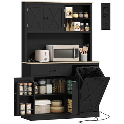 69 Inch Pantry Cabinet with Charging Station, Microwave Stand, Tilt-Out Trash Can, Black Kitchen Pantry Cabinets at Gallery Canada