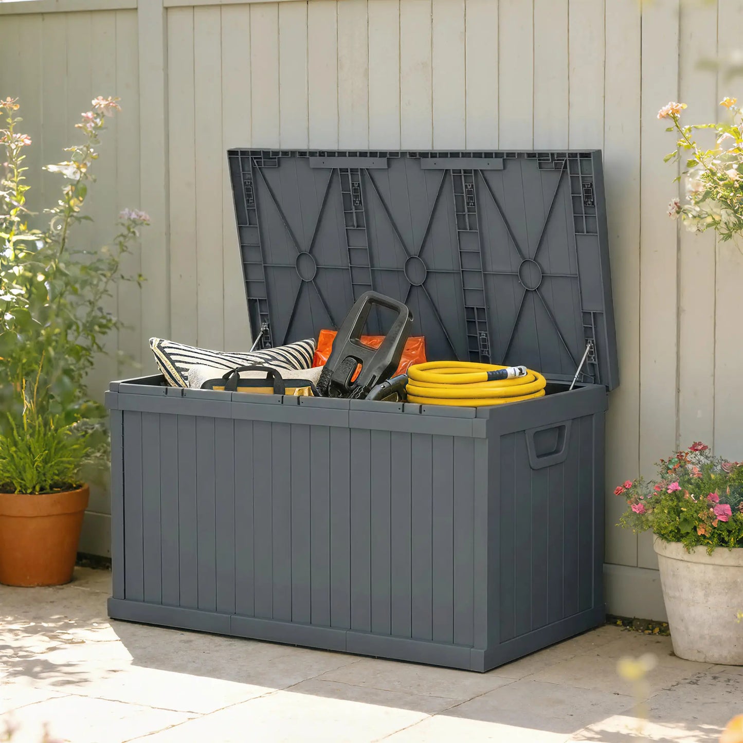 70 Gallon Deck Box, Resin Outdoor Storage Container, Dark Grey Patio Storage Boxes at Gallery Canada