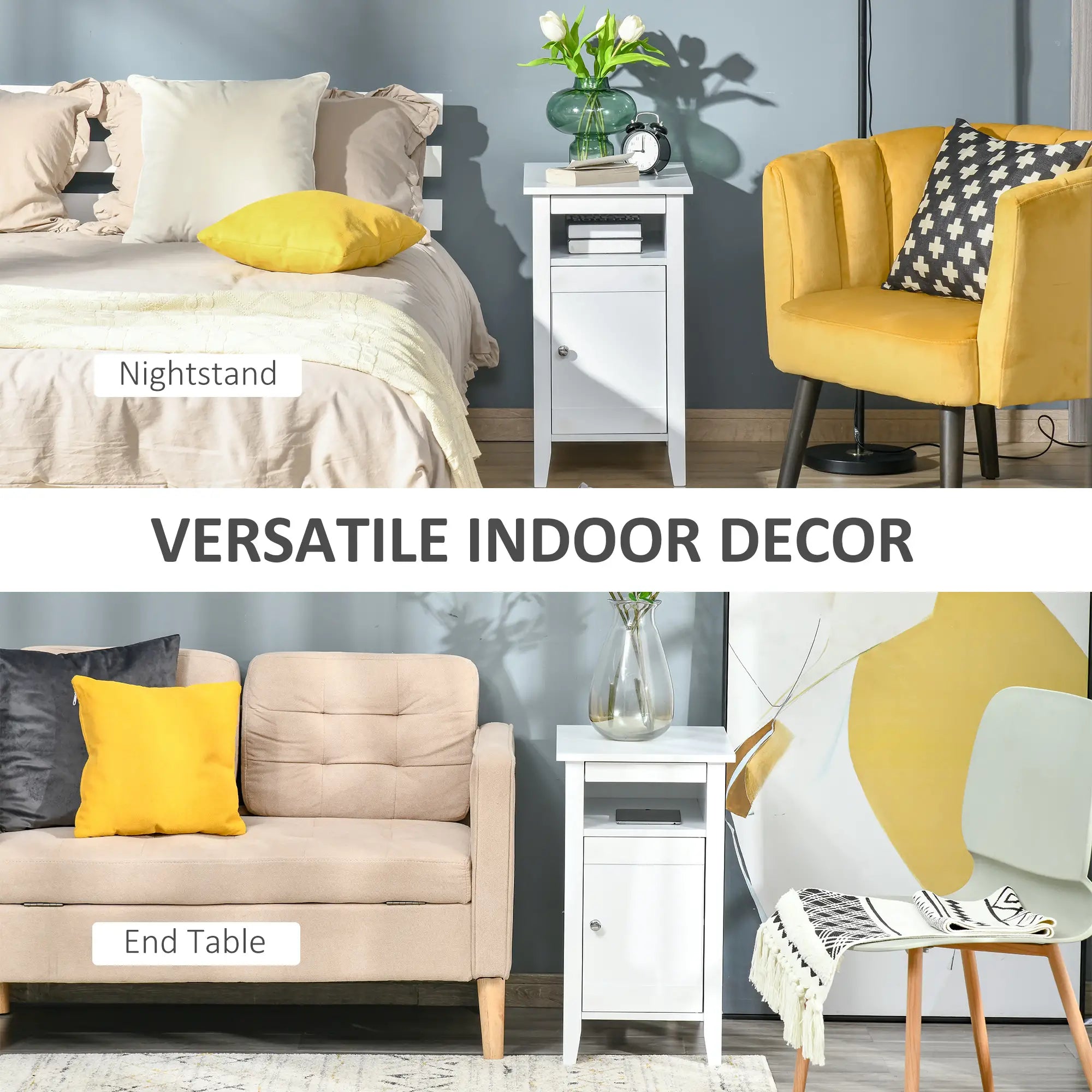 3-Tier Wooden Nightstand, Pullout Shelf, Adjustable Shelf, Door Cabinet, White Side Tables at Gallery Canada