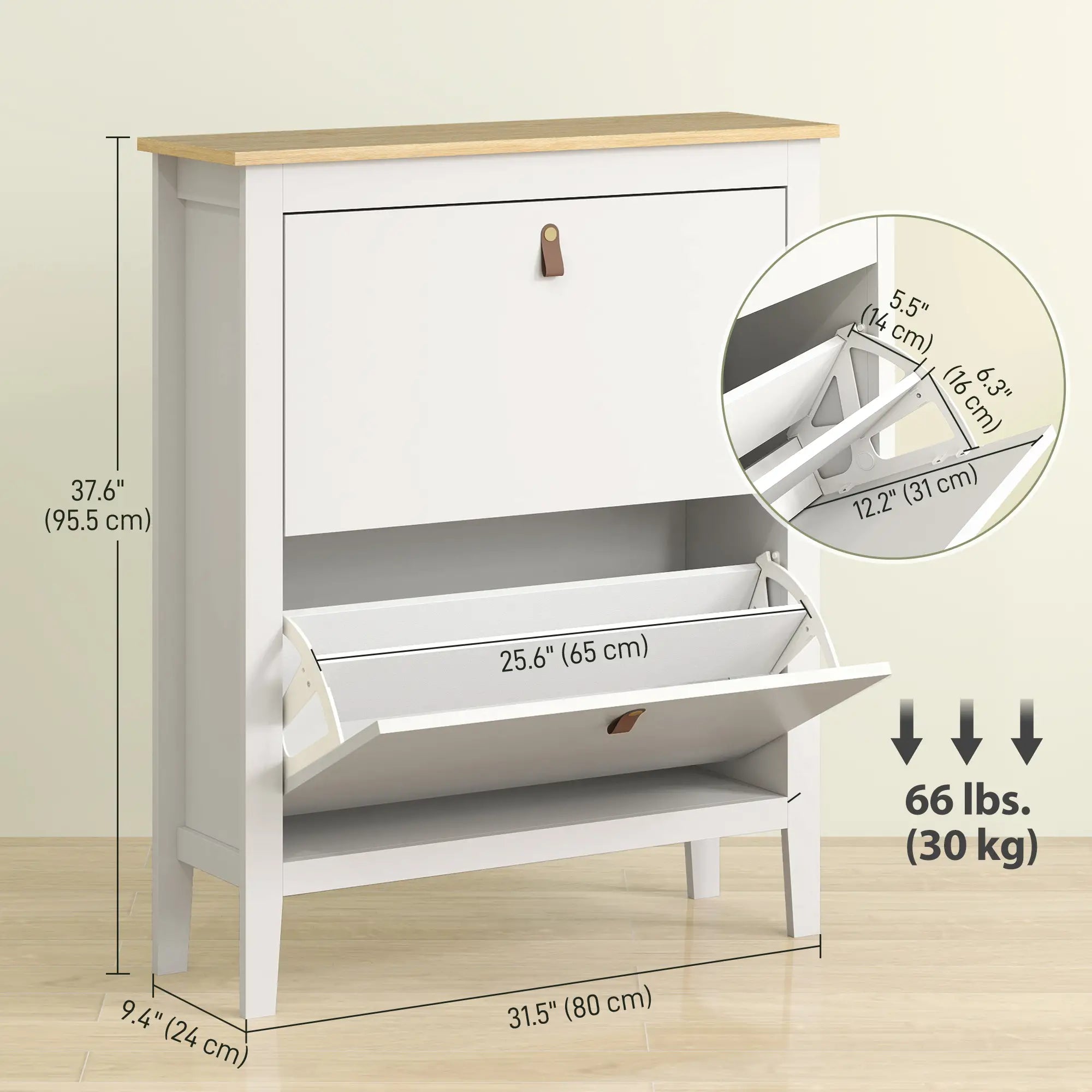 Narrow Shoe Cabinet, 2 Flip Drawers, Adjustable Shelves, Holds 10-14 Pairs, White Shoe Storage Cabinets & Racks at Gallery Canada