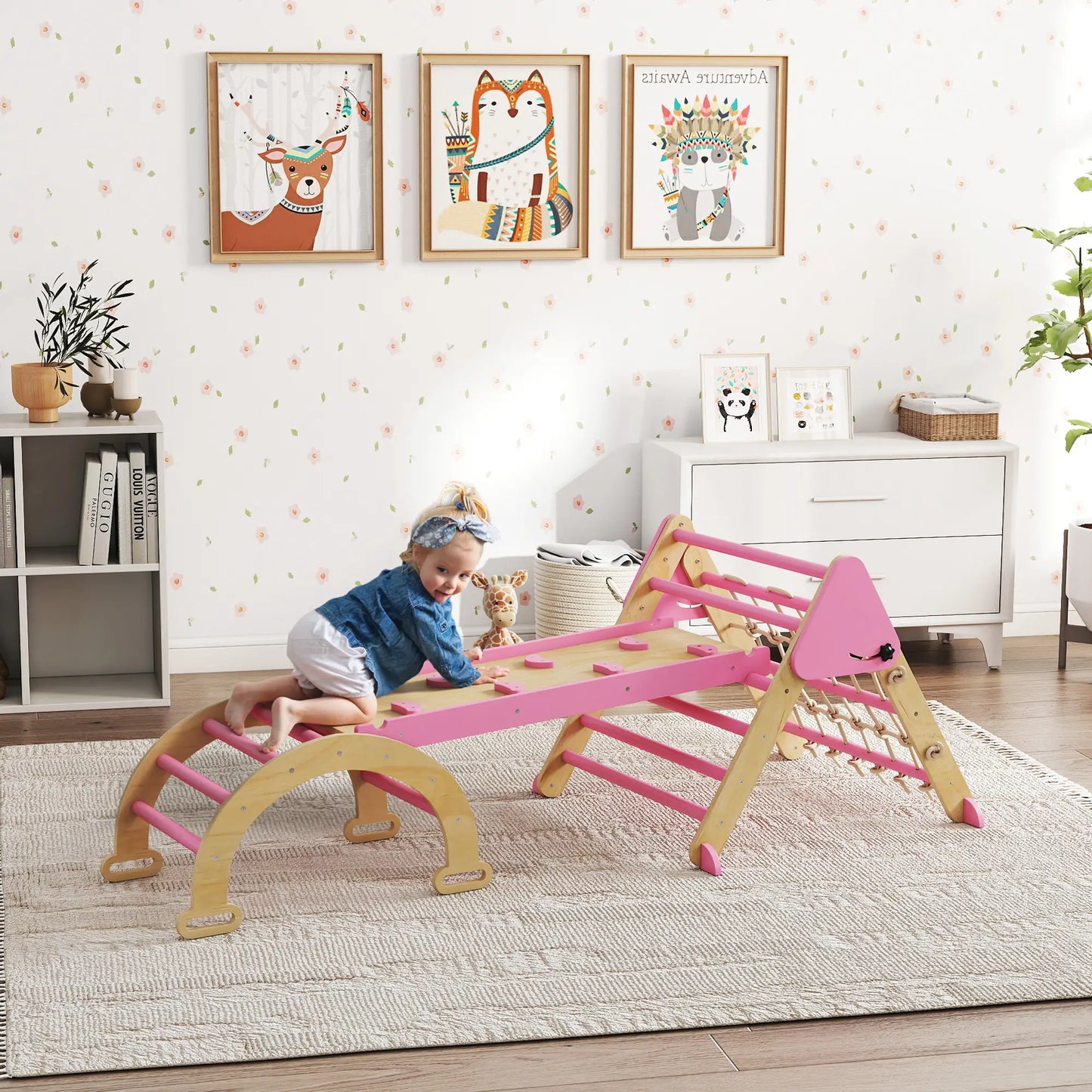 8-in-1 Pikler Triangle Set, Foldable Wooden Climbing Toys, Pink Kids Gym & Playmats at Gallery Canada