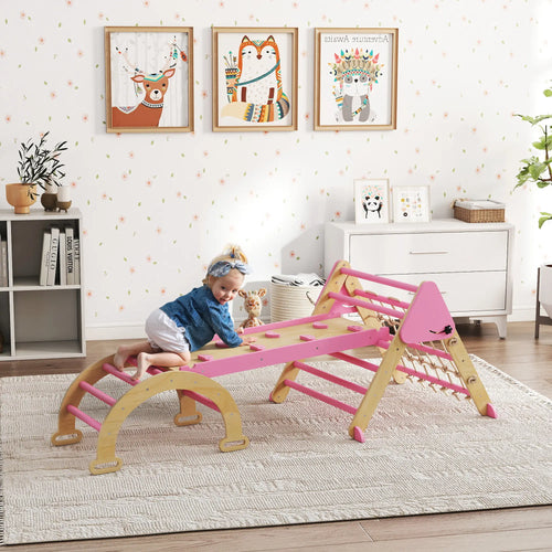 8-in-1 Pikler Triangle Set, Foldable Wooden Climbing Toys, Pink