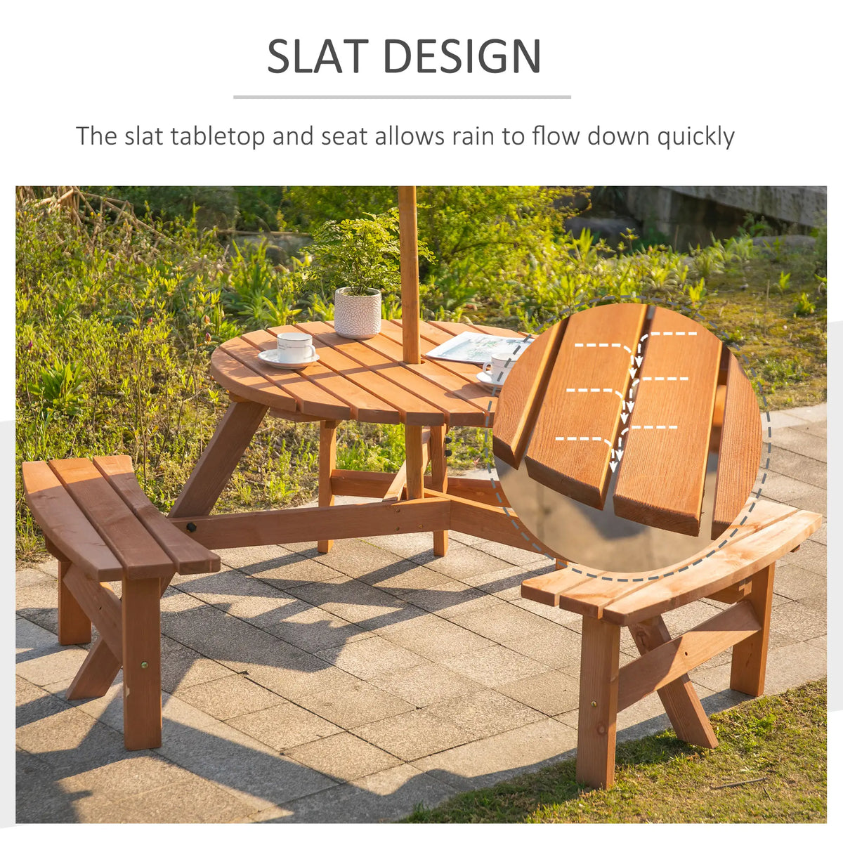 Round Wood Picnic Table Set, 6 Person, with Umbrella Hole, Brown Outdoor Dining Sets at Gallery Canada