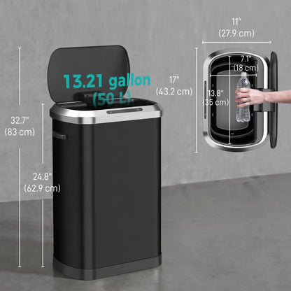 50L Touchless Trash Can, Black Stainless Steel Soft-Close Lid, Black
