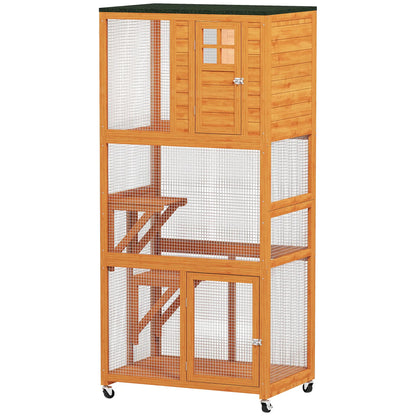 74" Wooden Outdoor Cat House, Weatherproof, Wheeled, High Weight Capacity, Orange Outdoor Cat Enclosures Orange at Gallery Canada