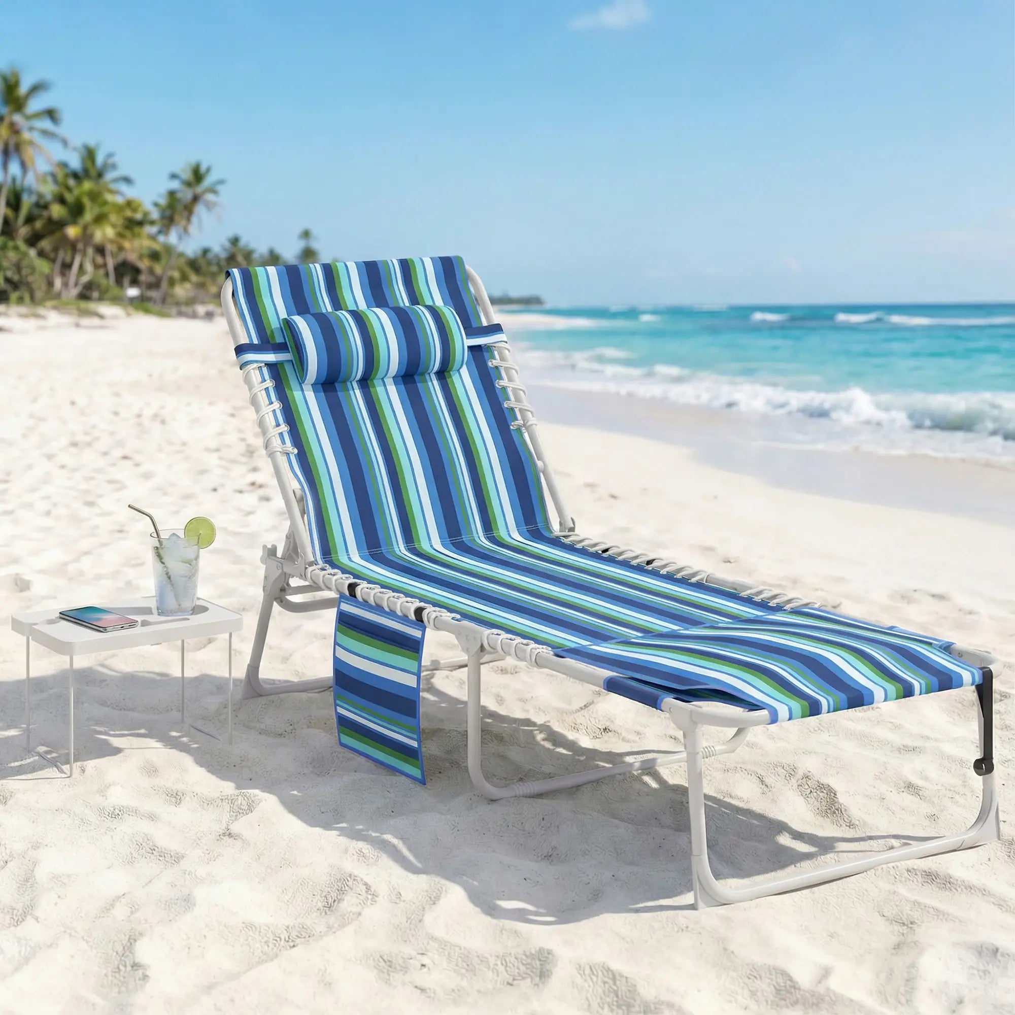 Folding Outdoor Lounge Chair, With Face Hole And Side Table, Blue Stripe Lounger Chairs at Gallery Canada