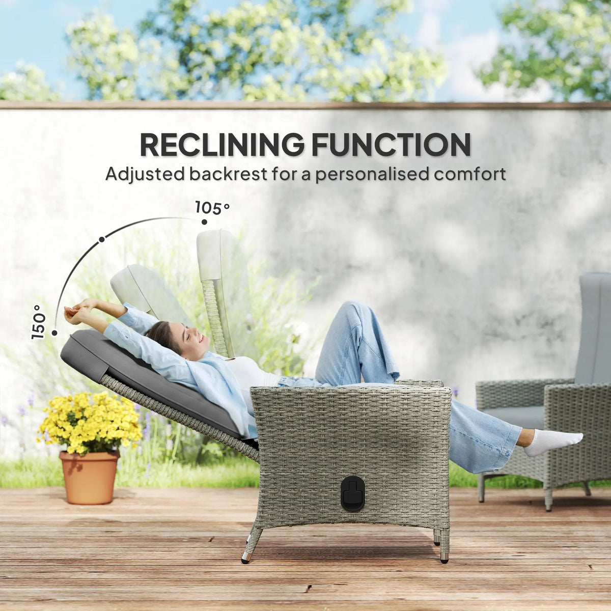Wicker Outdoor Recliner Chair, Adjustable Backrest With Cushion, Grey Wicker Chaise Loungers at Gallery Canada