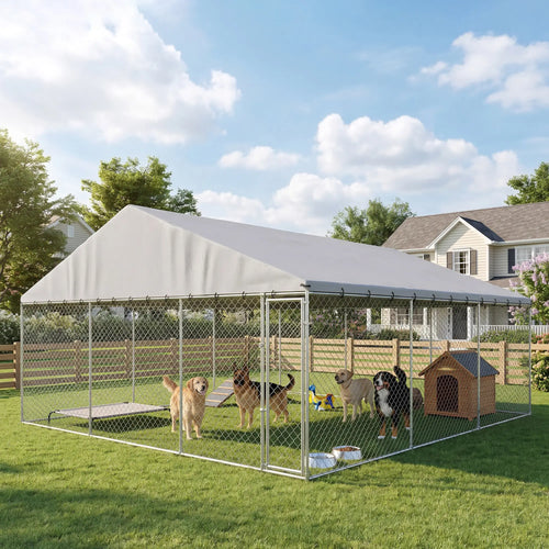 Heavy Duty Outdoor Dog Kennel, Waterproof Roof, Secure Latch, 19.7' x 19.7' x 8.9'