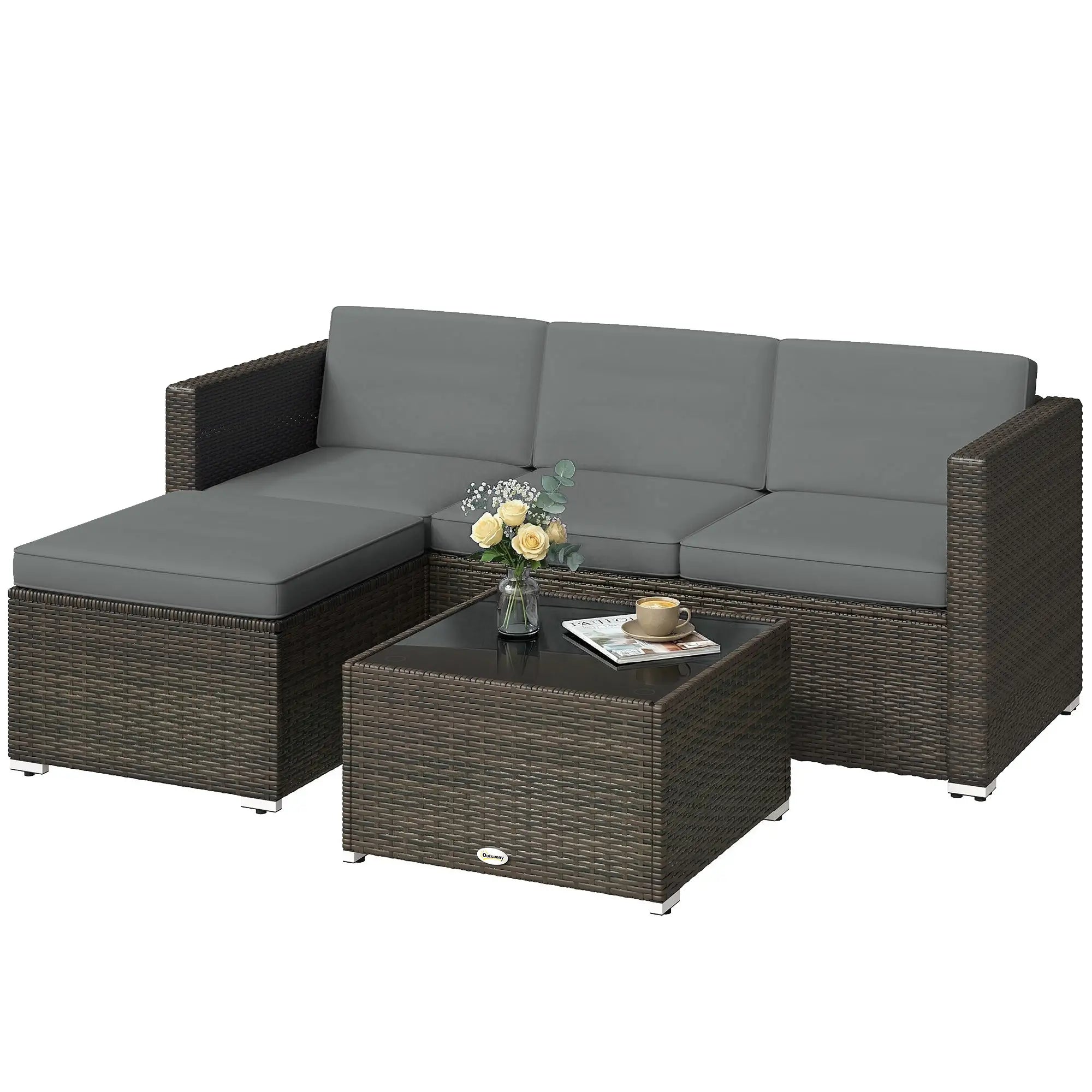 3-Piece Patio Furniture Set With Cushions, Outdoor Rattan Sofa With Glass Table Patio Furniture Sets Brown, Light Grey, Black at Gallery Canada