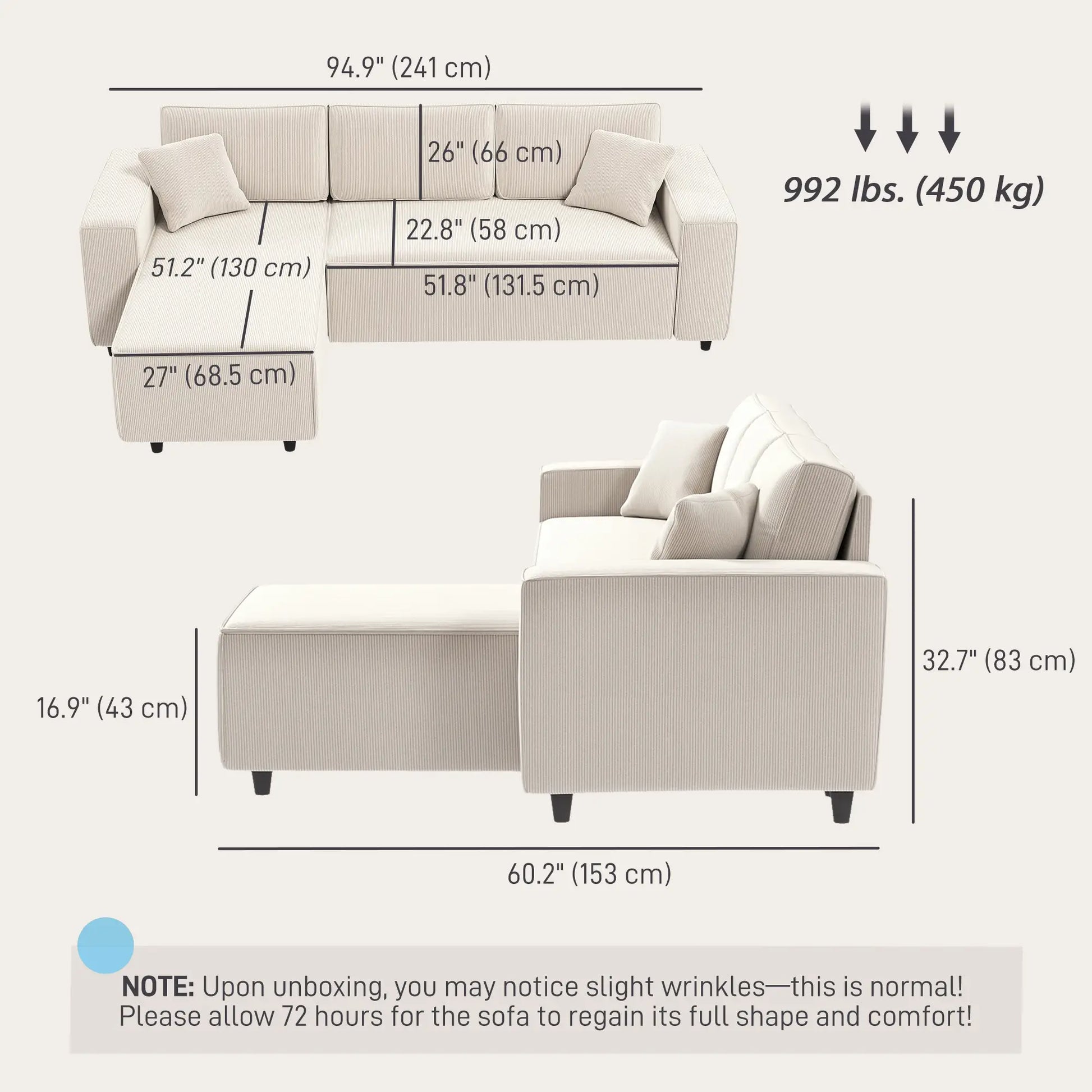Corner Sofa, L-Shaped Sectional, Corduroy, Pocket Spring, Cream White Sofas & Reclining Chairs at Gallery Canada
