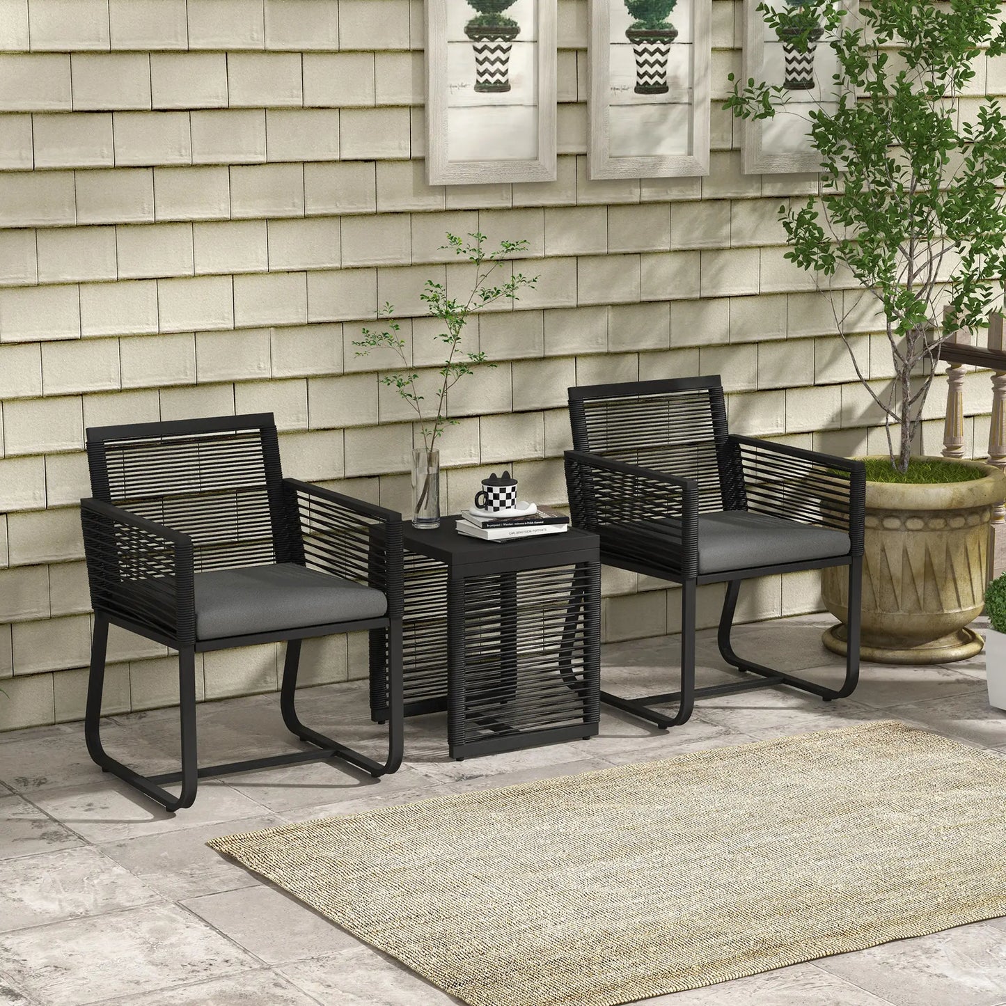 3-Piece PE Rattan Bistro Set, Seat Cushions, Tempered Glass Table, Black Bistro Sets at Gallery Canada