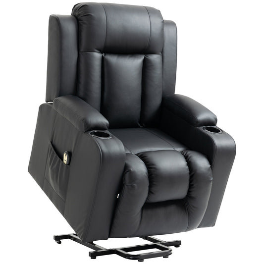 Electric Power Lift Chair, PU Leather Recliner Sofa with Footrest, Remote Control and Cup Holders, Black at Gallery Canada