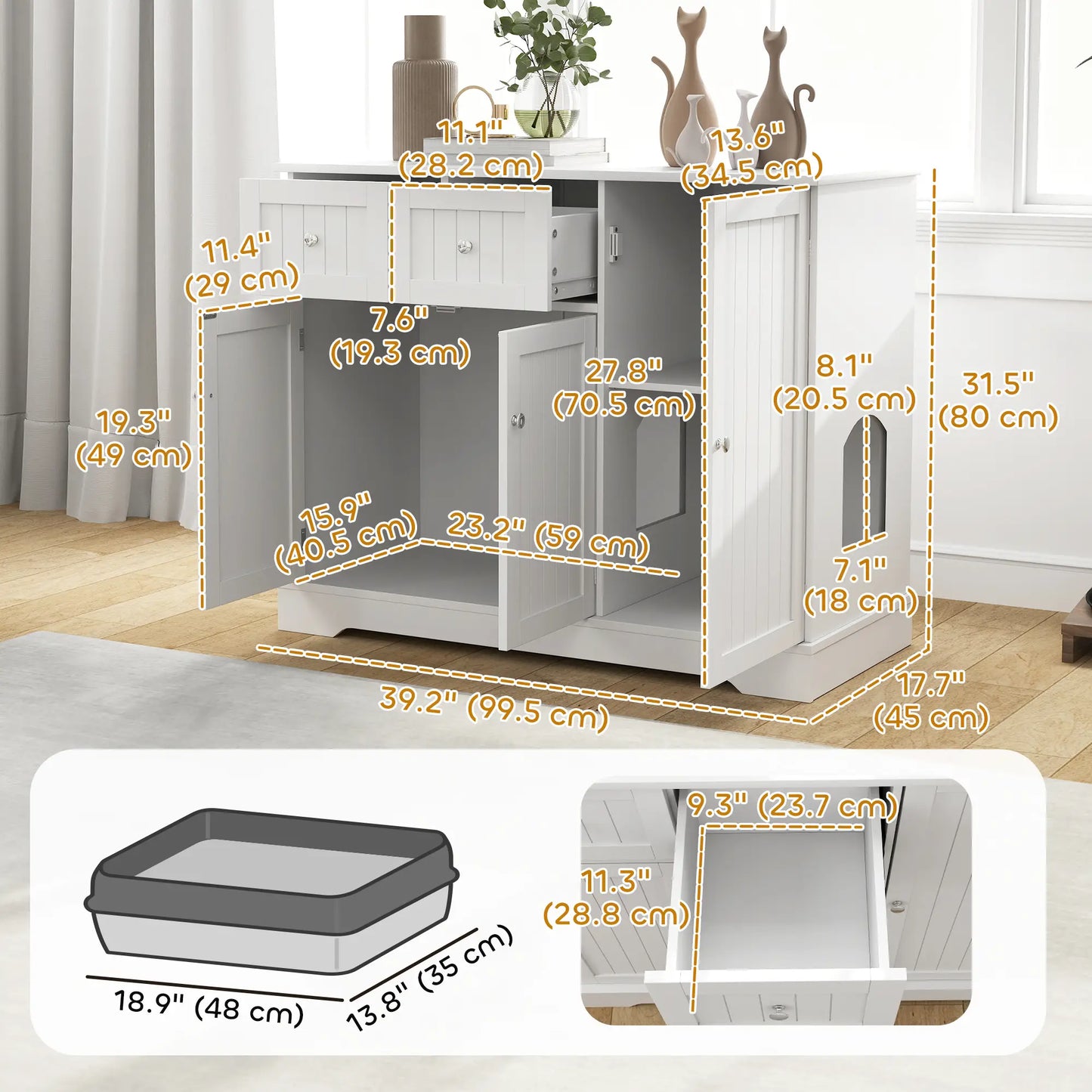 Cat Litter Box Enclosure with Drawer, Storage, Anti-Tip Kit, White Cat Litter Box Enclosures at Gallery Canada