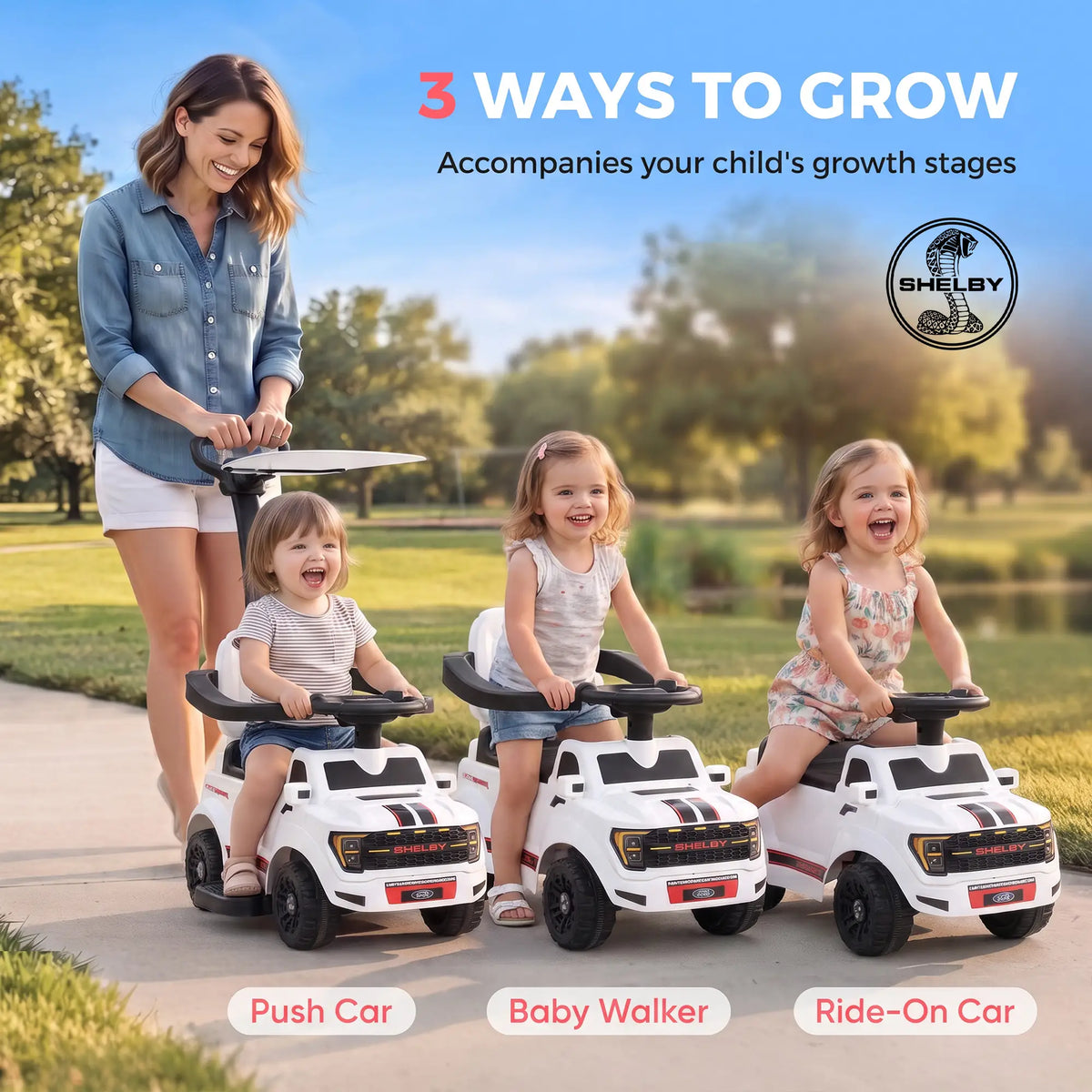 3-in-1 Push Car for 1-3, Ford Shelby Ride On, White Electric Ride-On Toys at Gallery Canada