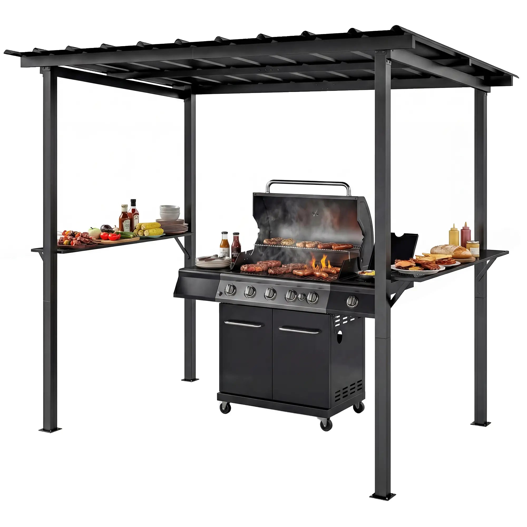 9' x 6' Hardtop Grill Gazebo, With 2 Side Shelves, Black BBQ Grill Gazebos Black at Gallery Canada