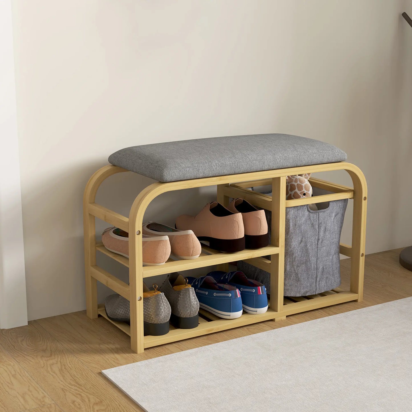 Bamboo Entryway Bench, Shoe Storage with Cushion, Slat Shelves, Pull-Out Basket Storage Ottomans & Benches at Gallery Canada