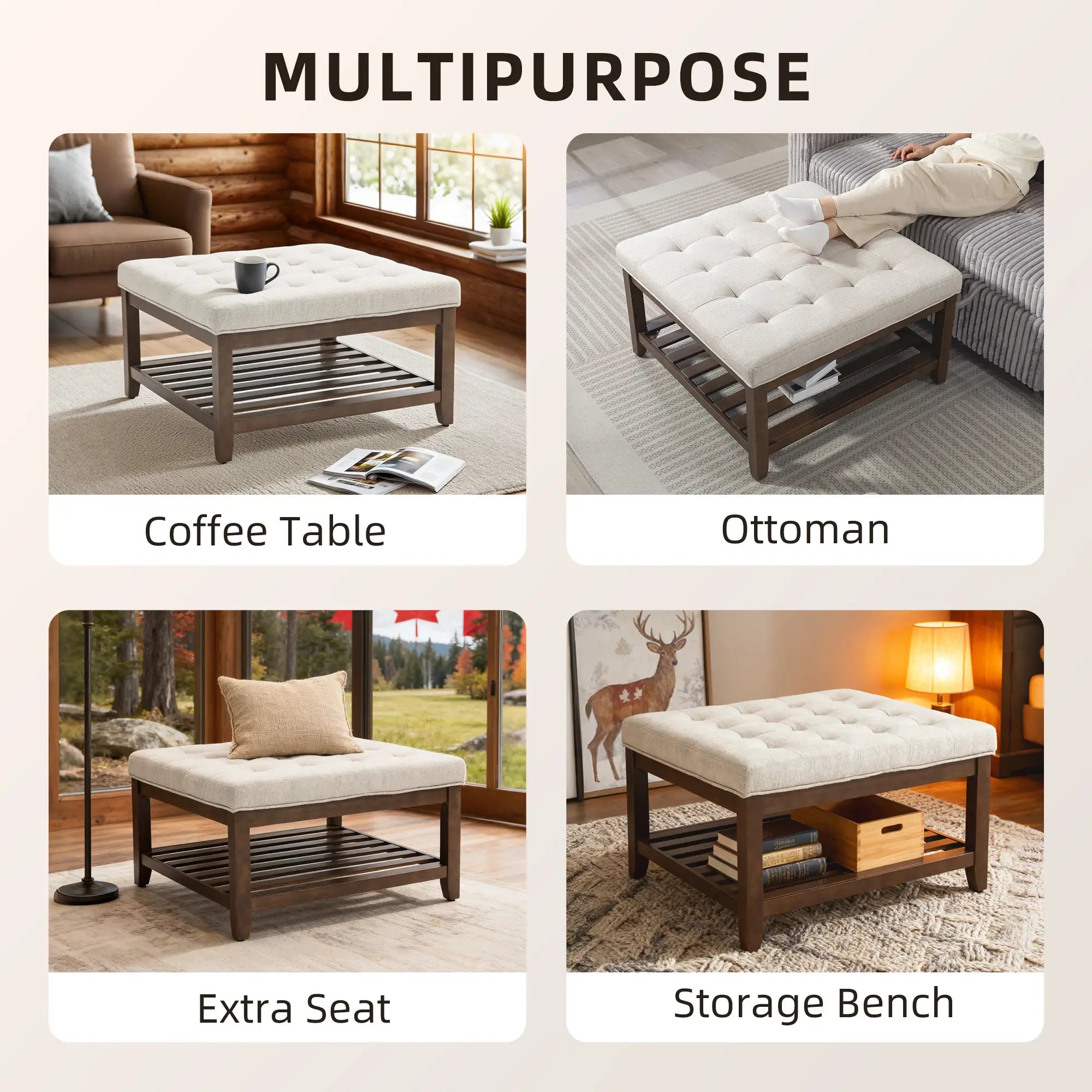 32 Inch Ottoman Coffee Table, Beige Linen Upholstered Storage Footstool, Beige Coffee Tables at Gallery Canada