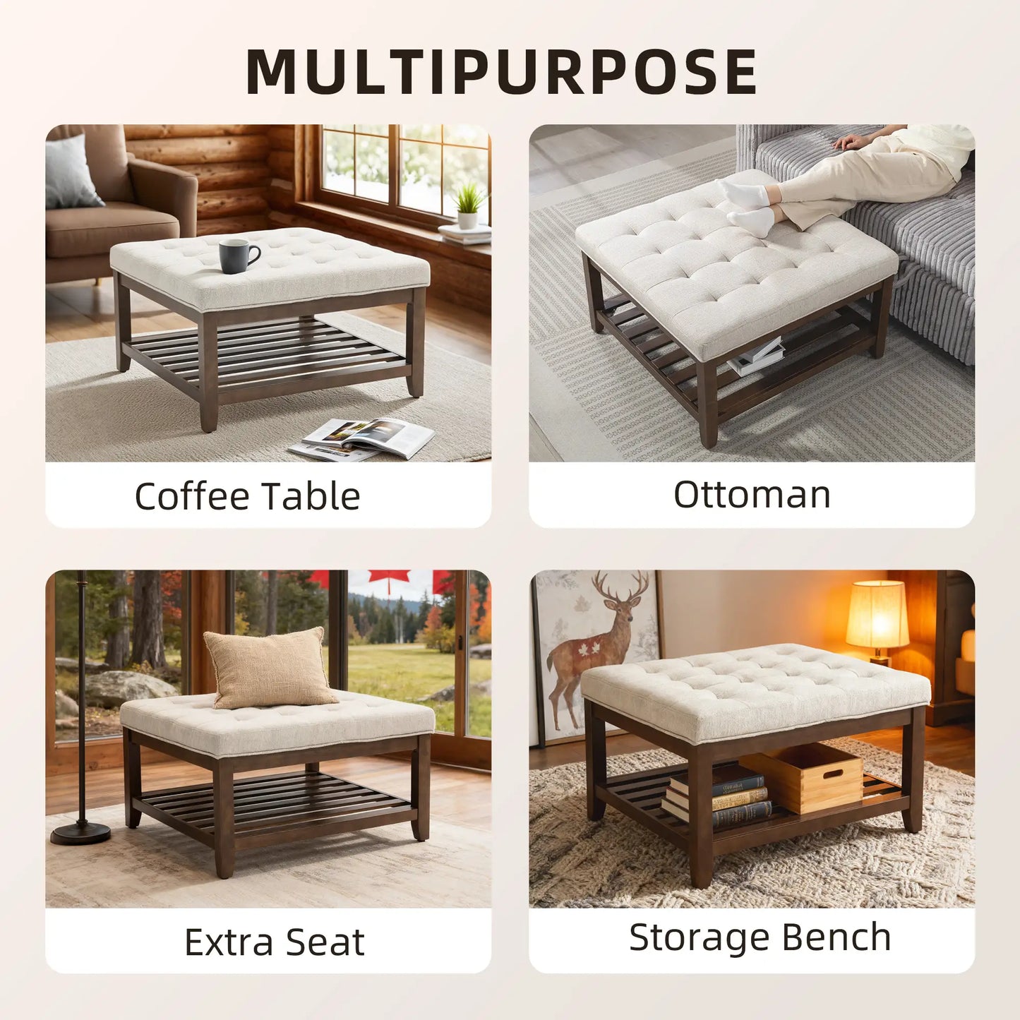 32 Inch Ottoman Coffee Table, Beige Linen Upholstered Storage Footstool, Beige Coffee Tables at Gallery Canada