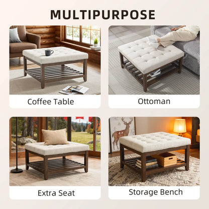 32 Inch Ottoman Coffee Table, Beige Linen Upholstered Storage Footstool, Beige Coffee Tables at Gallery Canada
