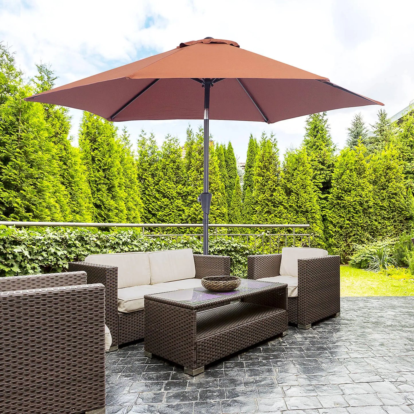 8.5FT Round Garden Parasol, 6 Ribs, Tilt Canopy, Crank Handle, Coffee Sun Umbrellas at Gallery Canada