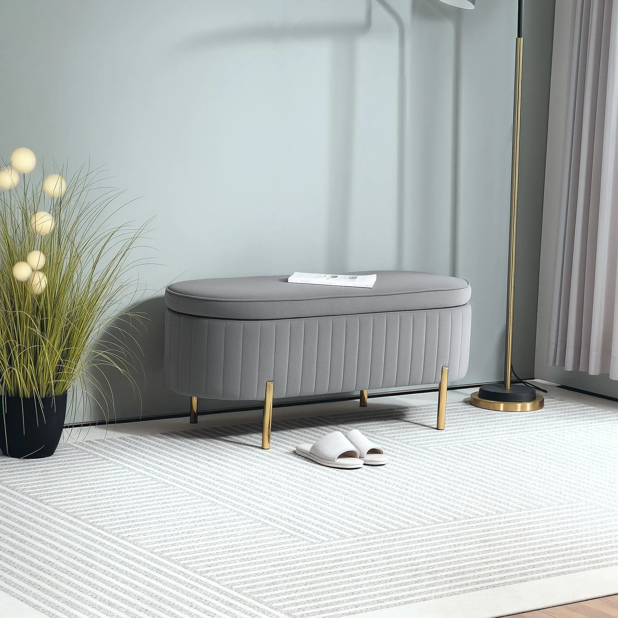 Upholstered Channel Tufted Ottoman Bench, Thick Padding, Metal Legs, Grey Storage Ottomans & Benches at Gallery Canada