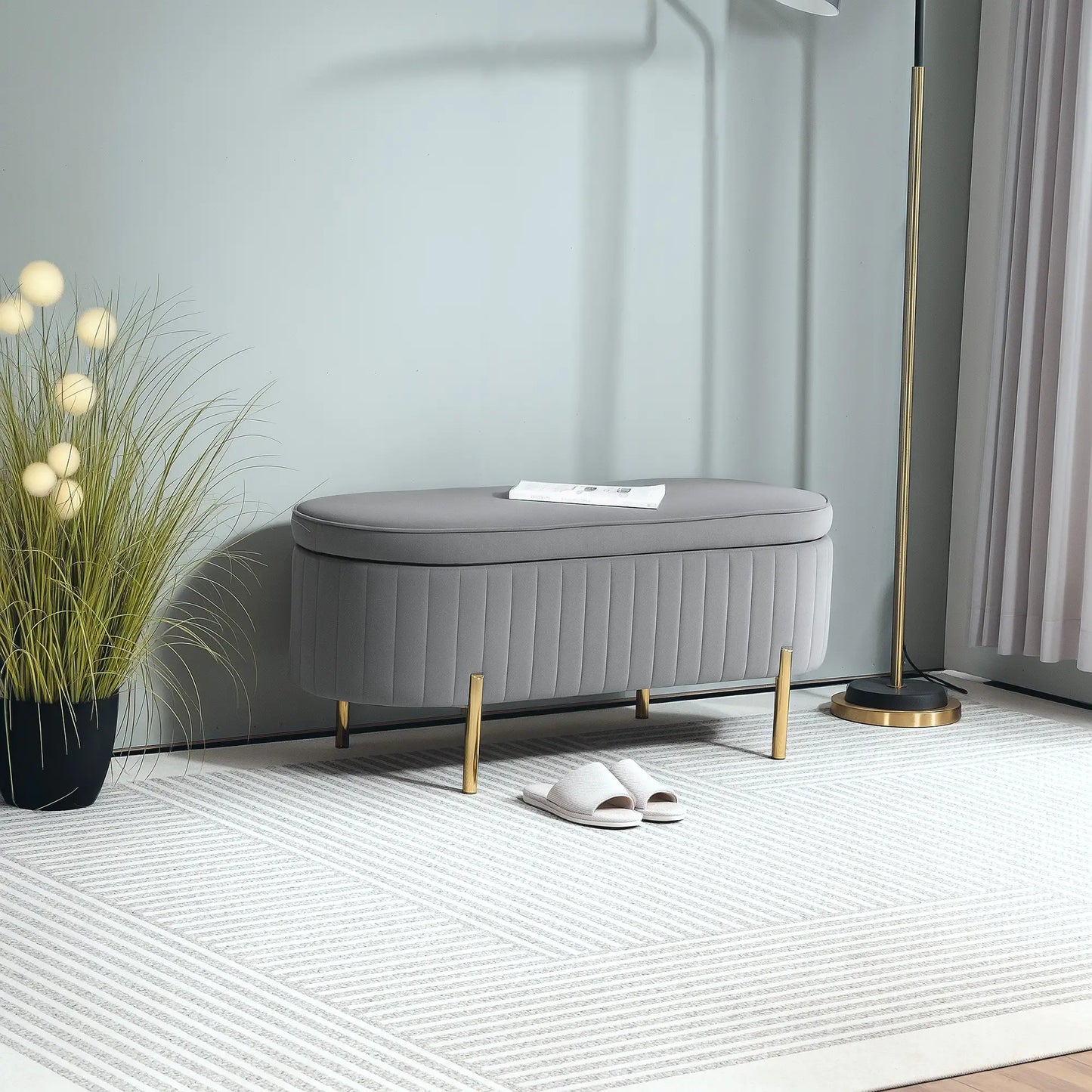 Upholstered Channel Tufted Ottoman Bench, Thick Padding, Metal Legs, Grey Storage Ottomans & Benches at Gallery Canada