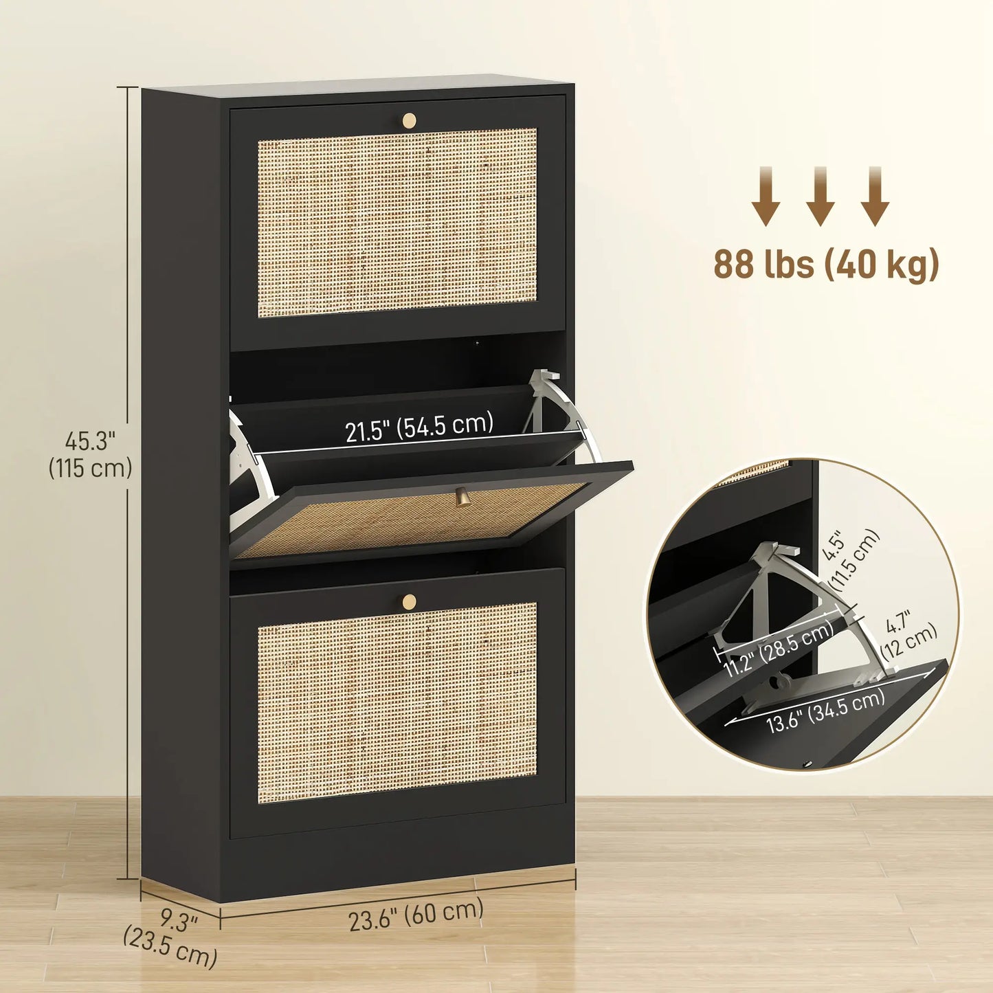 Rattan Shoe Storage Cabinet, 3 Flip Drawers, Adjustable Shelves, 18 Pairs, Black Shoe Storage Cabinets & Racks at Gallery Canada