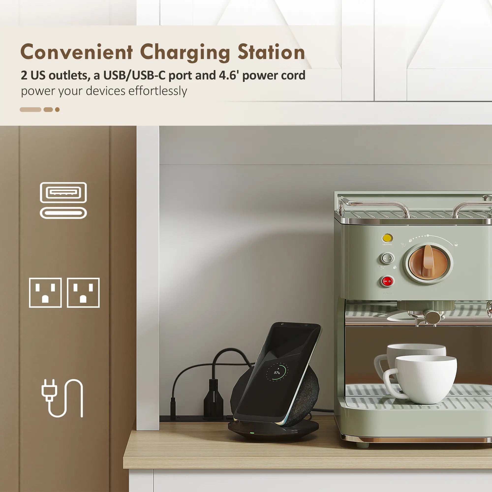 69 Inch Pantry Cabinet with Charging Station, Microwave Stand, Tilt Out Trash Can, White Kitchen Pantry Cabinets at Gallery Canada