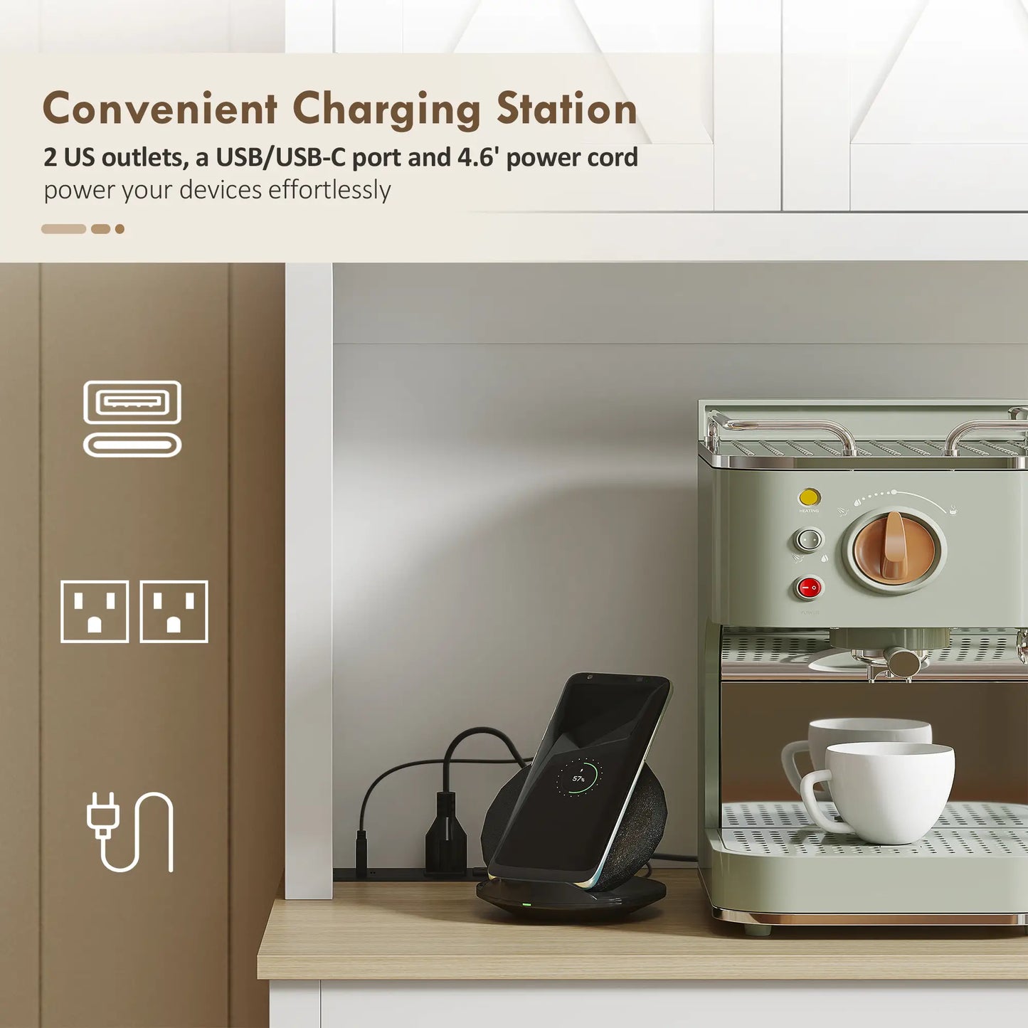 69 Inch Pantry Cabinet with Charging Station, Microwave Stand, Tilt Out Trash Can, White Kitchen Pantry Cabinets at Gallery Canada