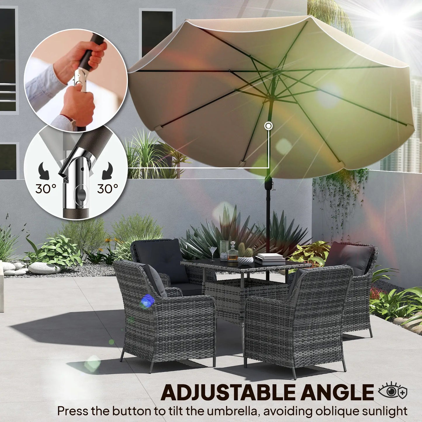 9' x 9' Round Market Umbrella, Tilt Crank Patio, Khaki Sun Umbrellas at Gallery Canada