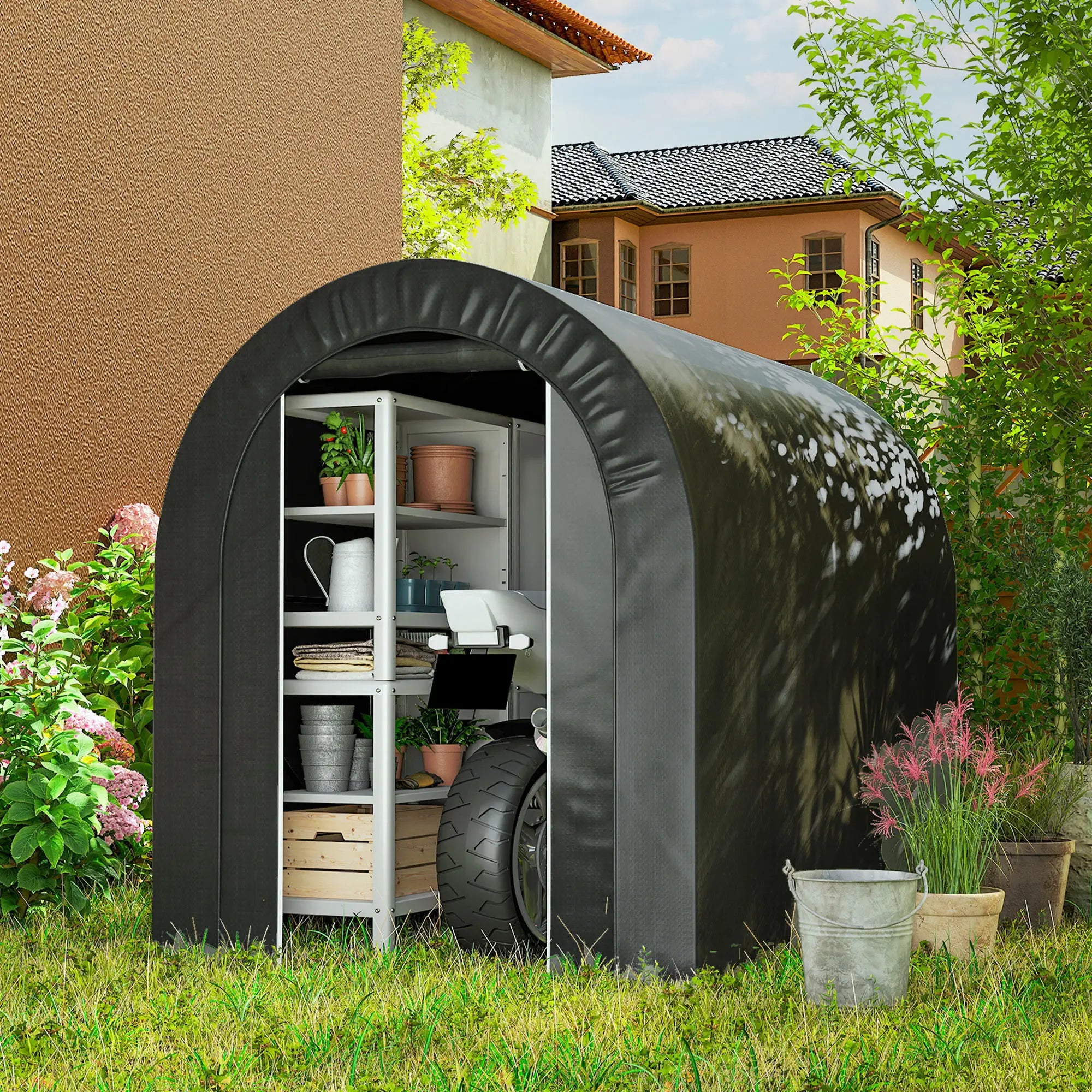 5' x 8' Outdoor Storage Shed, Heavy Duty Galvanized Steel, Black Car Shelters at Gallery Canada