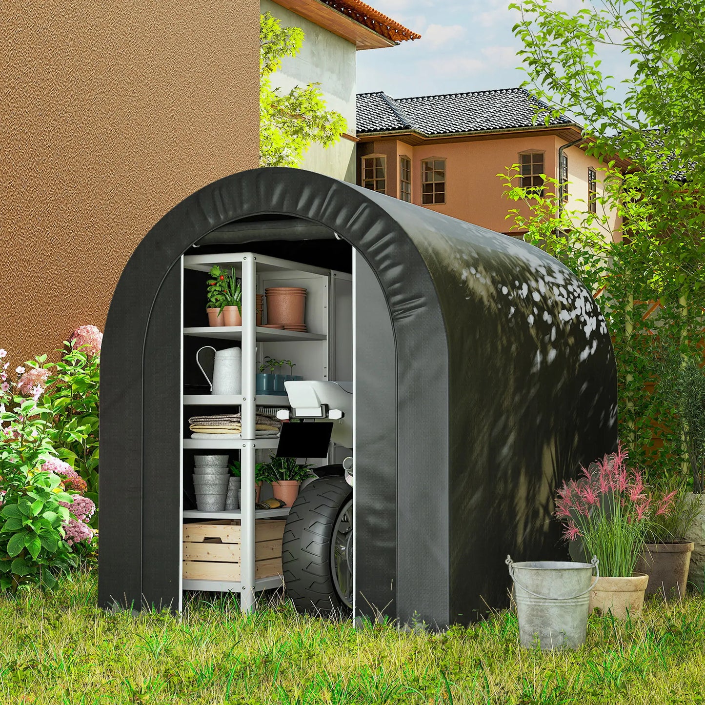 5' x 8' Outdoor Storage Shed, Heavy Duty Galvanized Steel, Black Car Shelters at Gallery Canada