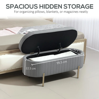 Upholstered Channel Tufted Ottoman Bench, Thick Padding, Metal Legs, Grey Storage Ottomans & Benches at Gallery Canada