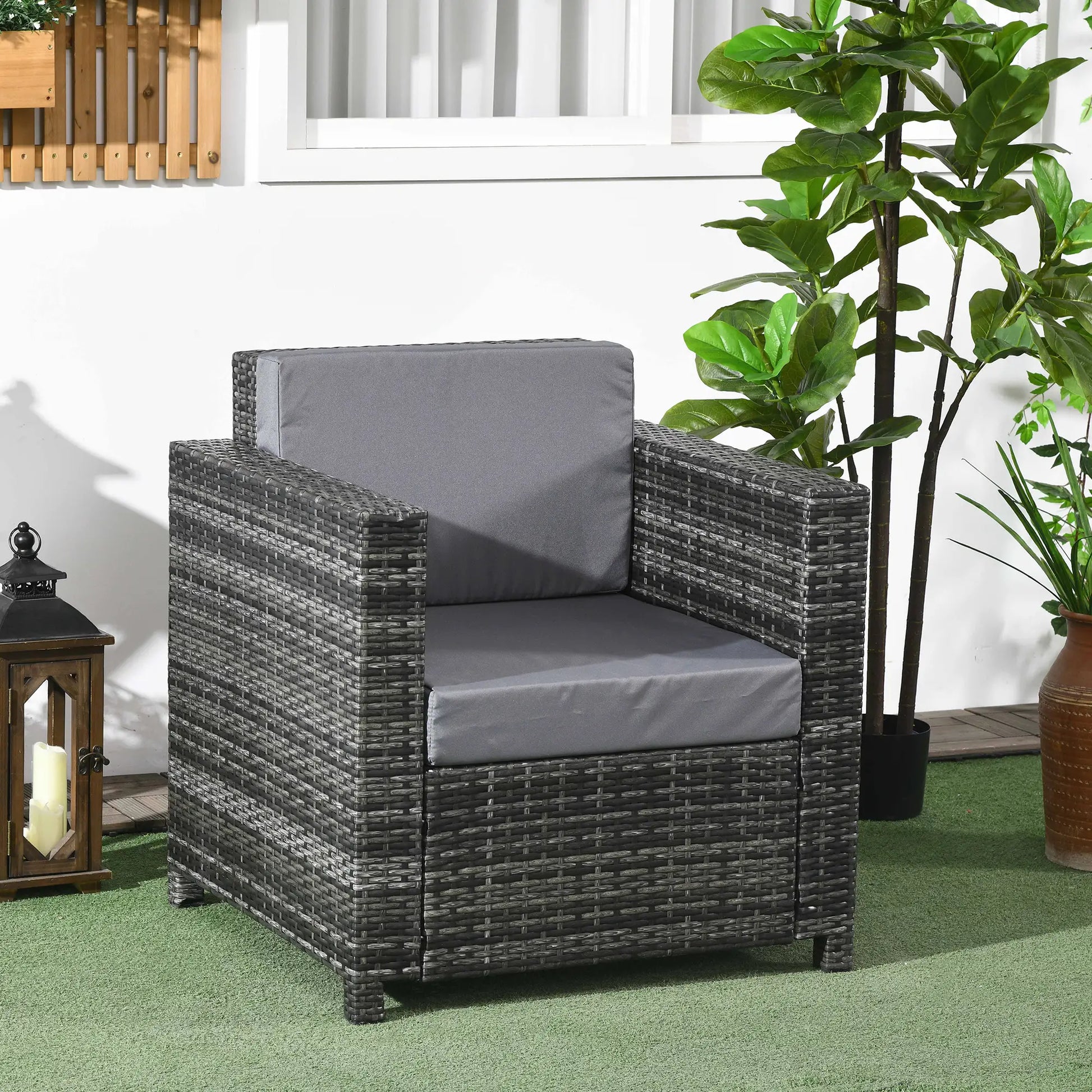 Outdoor Rattan Sofa, Patio Wicker Armchair with Cushions, Grey Patio Chairs at Gallery Canada