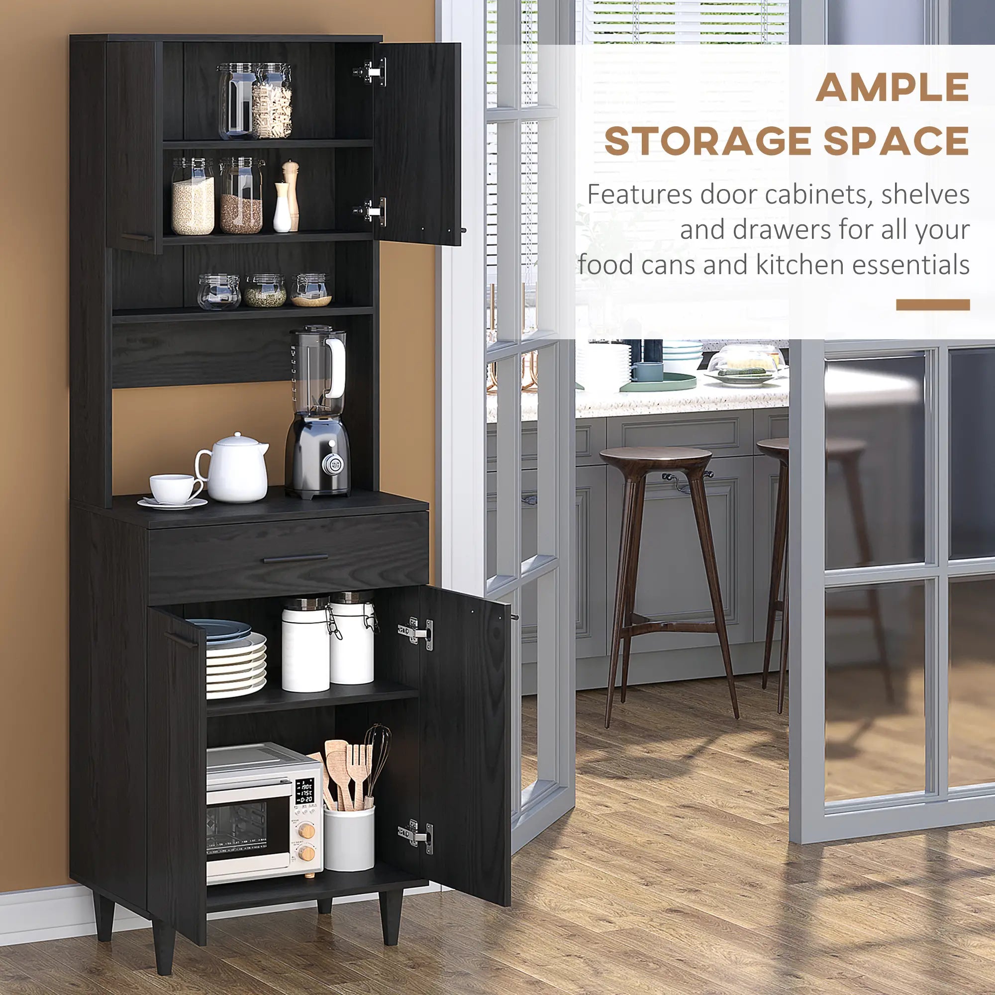 Modern Kitchen Buffet with Hutch, Wooden Storage Cupboard, Black Kitchen Pantry Cabinets at Gallery Canada