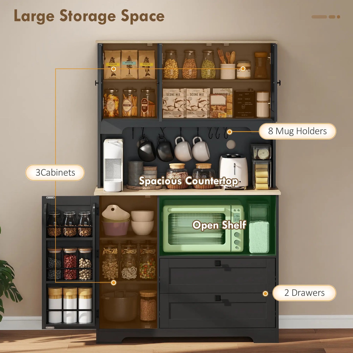 64" Kitchen Pantry Cabinet, 3 Cabinets, 2 Drawers, Adjustable Shelves, Black Kitchen Pantry Cabinets at Gallery Canada