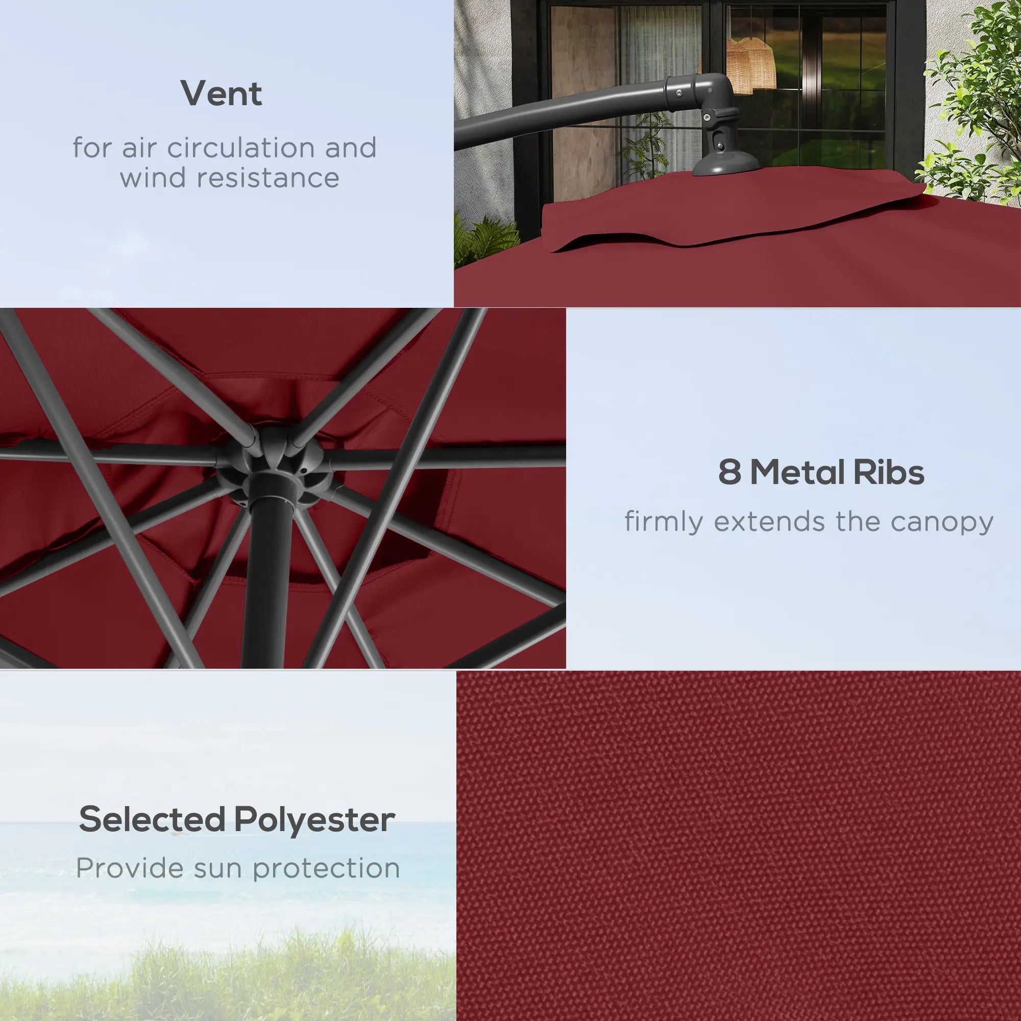 9.7ft Offset Patio Umbrella, Hanging Parasol, Crank, Wine Red Offset Cantilever Umbrellas at Gallery Canada