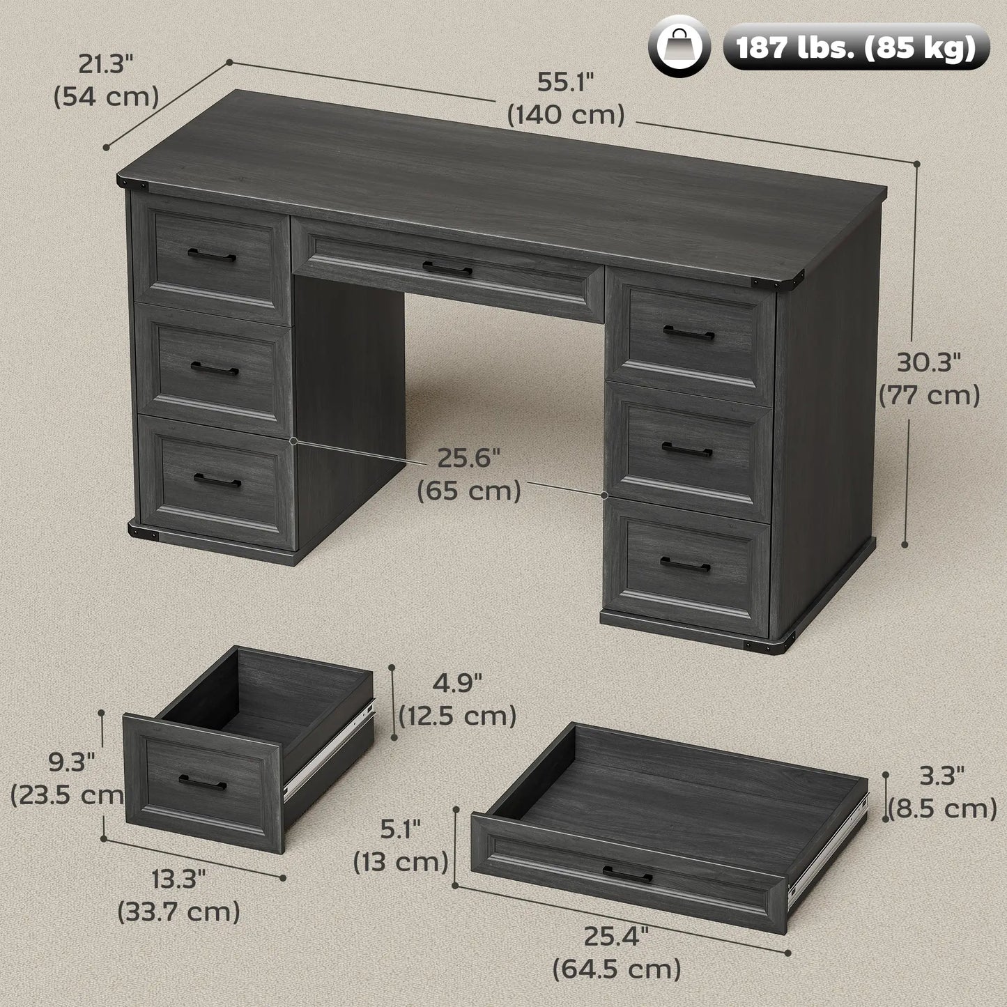 55" Computer Desk With 7 Drawers, Farmhouse Executive Desk, Black Wood Grain, Black Computer Desks at Gallery Canada