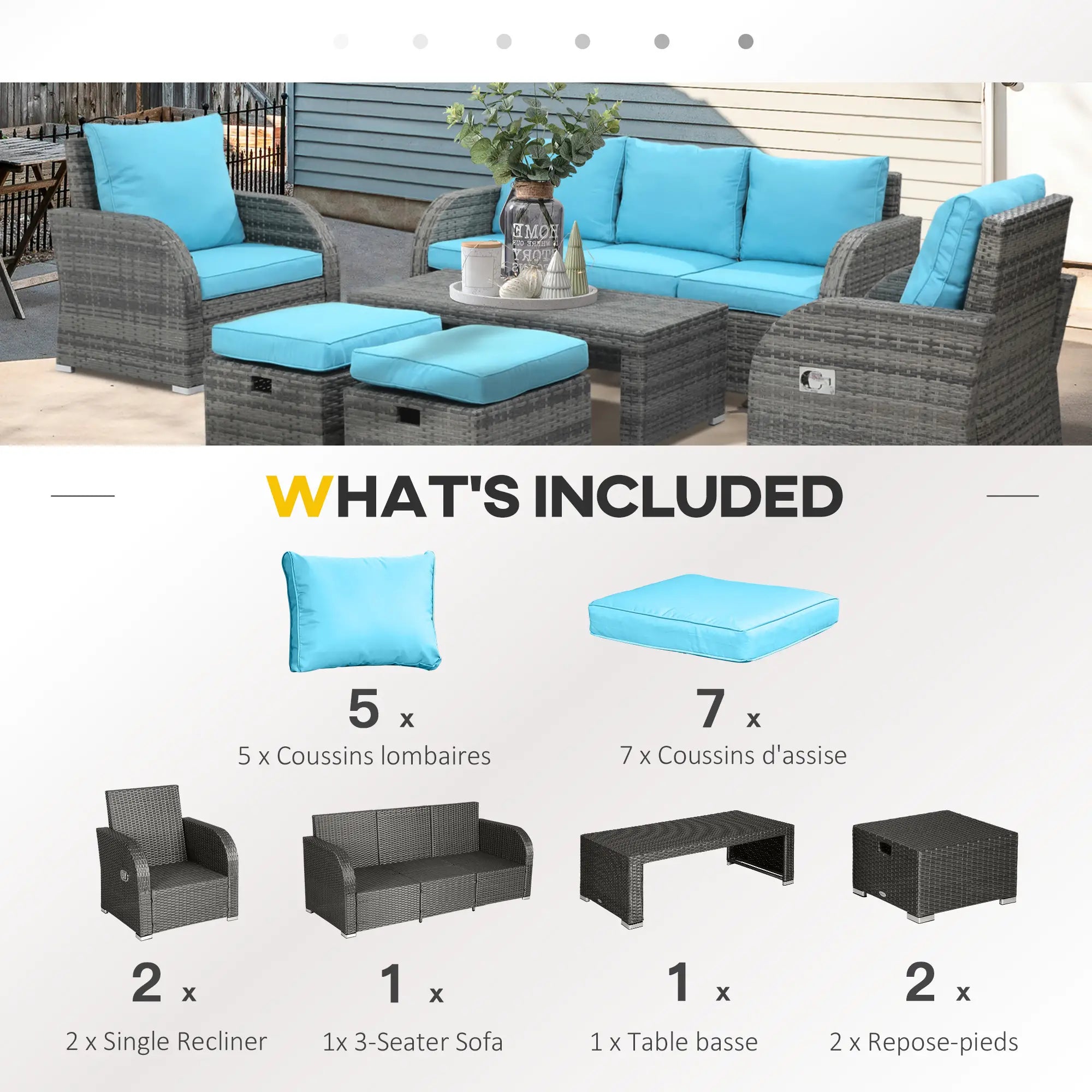 6-Piece Patio Furniture Set, Wicker Sectional Sofa, 2 Recliners, 2 Footstools, Table, Sky Blue Patio Furniture Sets at Gallery Canada