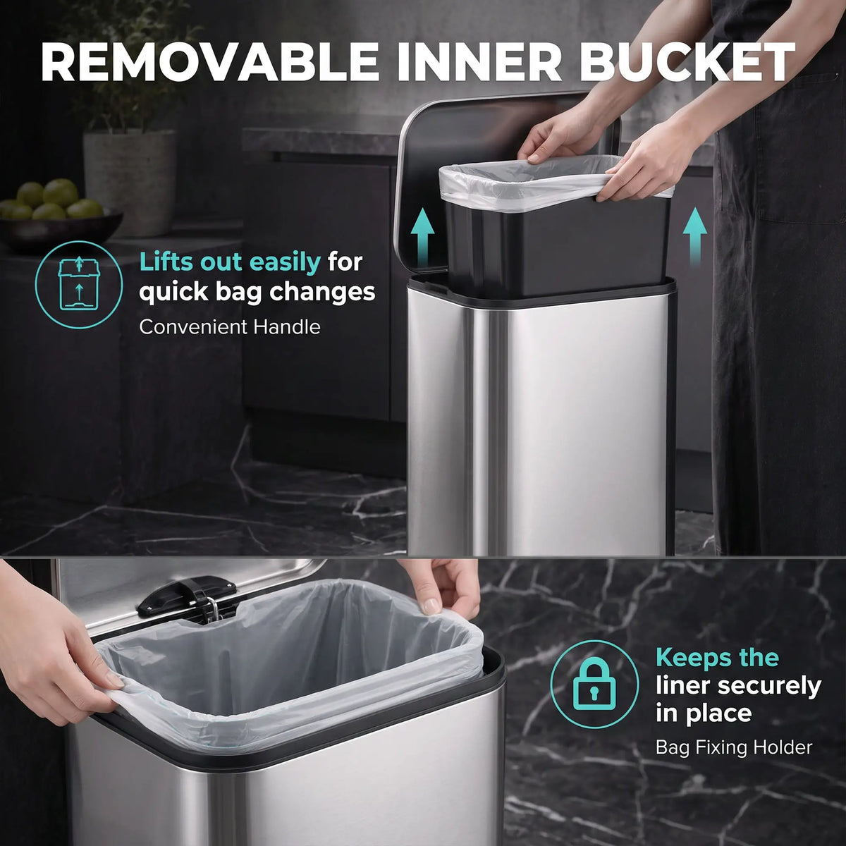 13.2 Gallon Slim Stainless Steel Trash Can, Silver, Silver