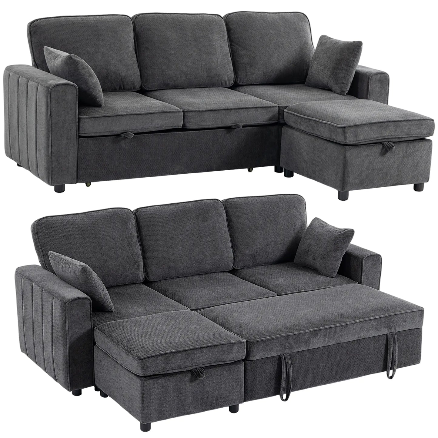 Modular Sectional Sofa Bed With Reversible Ottoman, Dark Grey