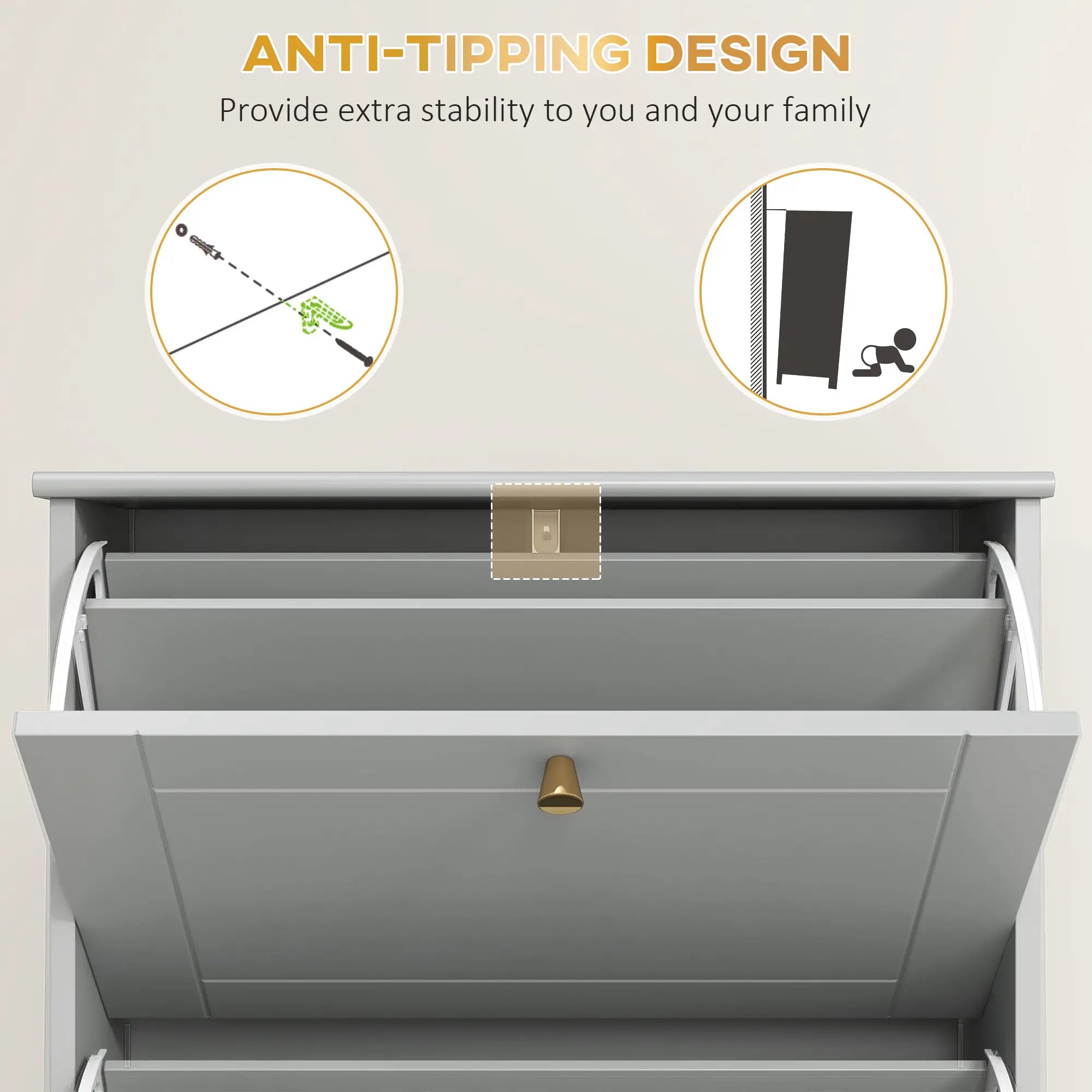 Narrow Shoe Storage, 3 Flip Drawers, Adjustable Shelves, Holds 12 Pairs, Grey Shoe Storage Cabinets & Racks at Gallery Canada