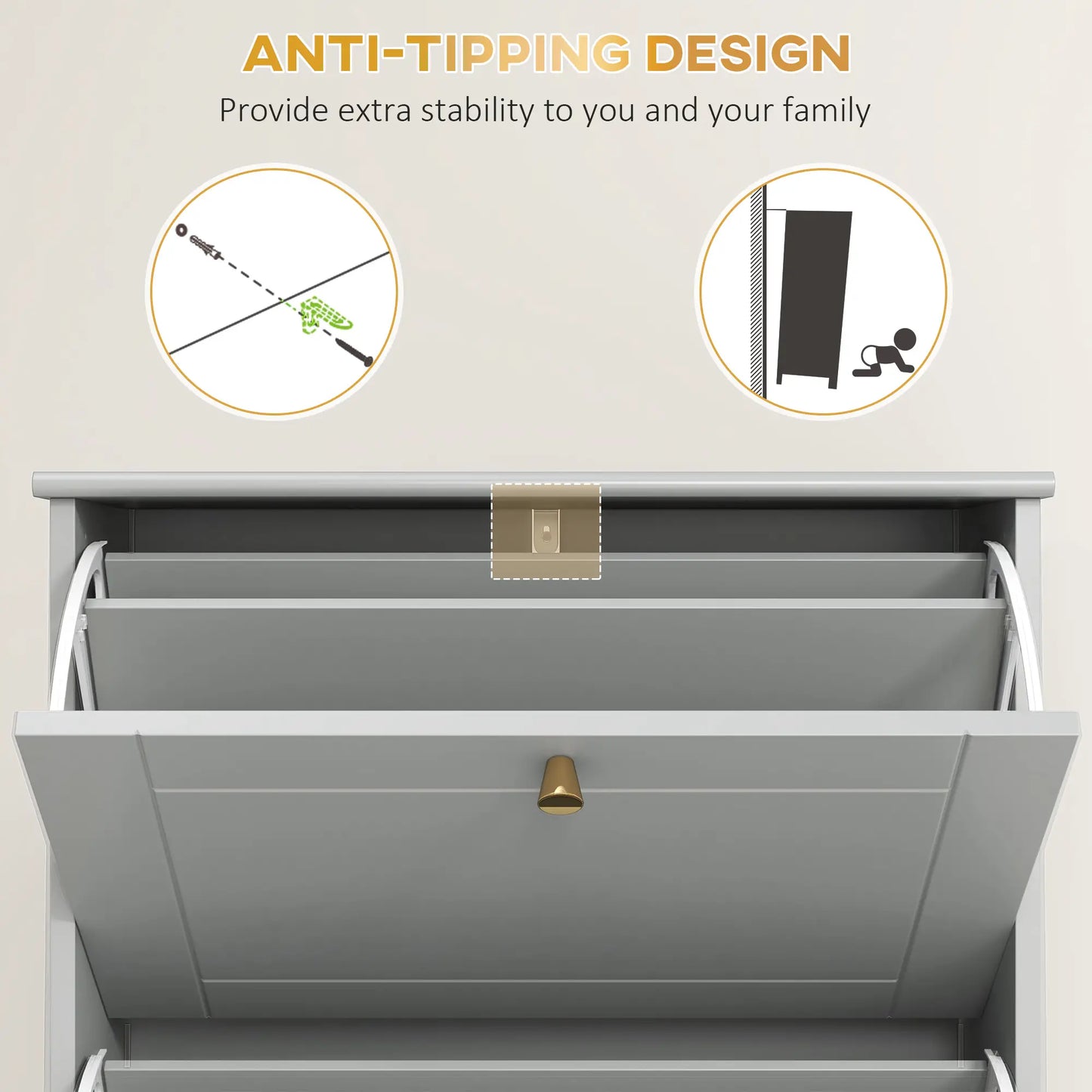 Narrow Shoe Storage, 3 Flip Drawers, Adjustable Shelves, Holds 12 Pairs, Grey Shoe Storage Cabinets & Racks at Gallery Canada