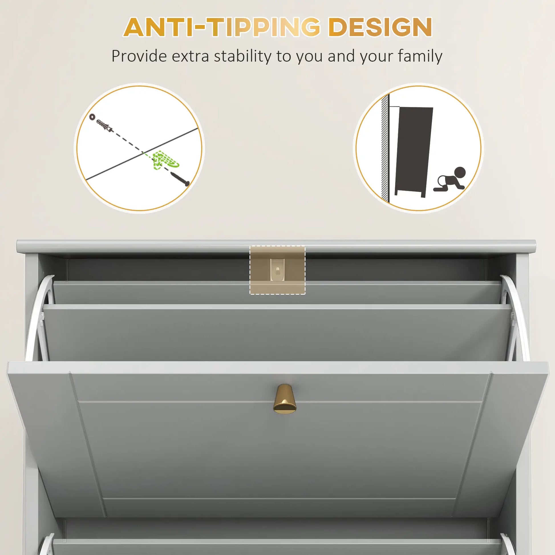 Narrow Shoe Storage, 3 Flip Drawers, Adjustable Shelves, Holds 12 Pairs, Grey Shoe Storage Cabinets & Racks at Gallery Canada