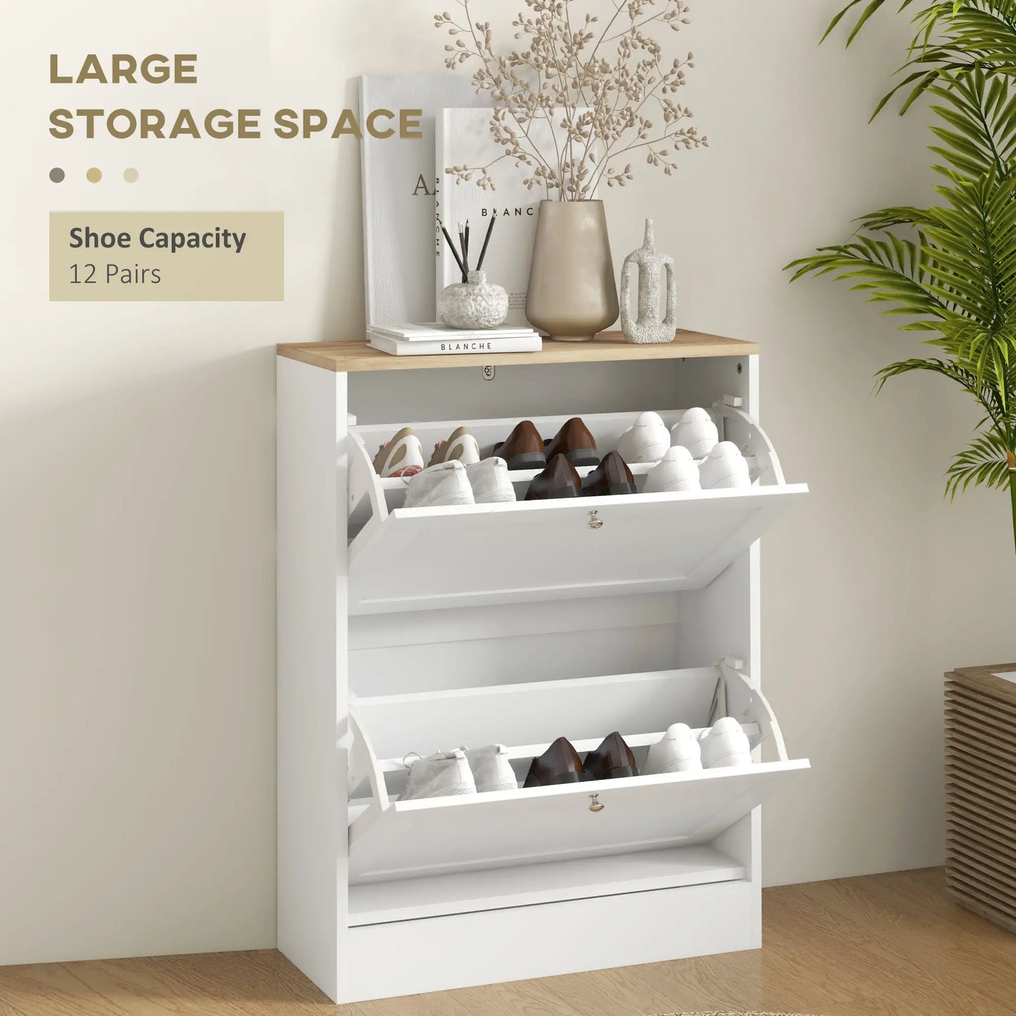 Slim Shoe Storage Cabinet, 2 Flip Drawers, Adjustable Shelves for 12 Pairs, White Shoe Storage Cabinets & Racks at Gallery Canada