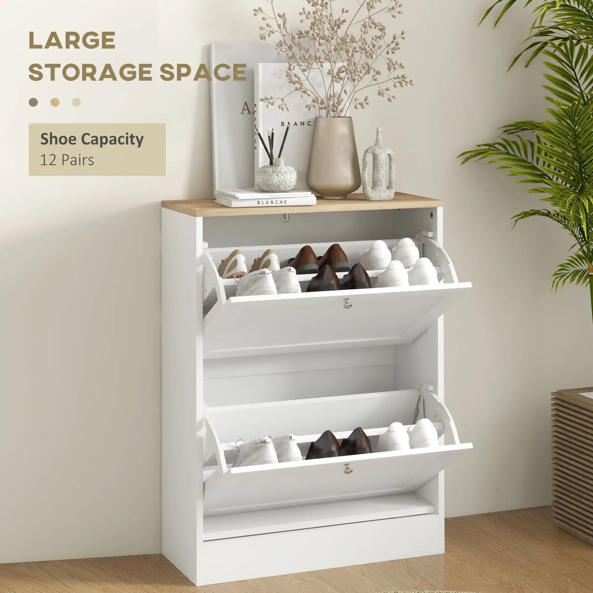 Slim Shoe Storage Cabinet, 2 Flip Drawers, Adjustable Shelves for 12 Pairs, White Shoe Storage Cabinets & Racks at Gallery Canada