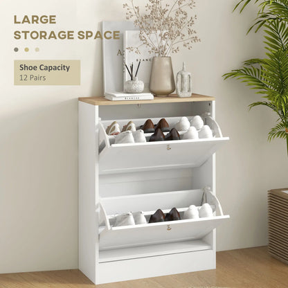Slim Shoe Storage Cabinet, 2 Flip Drawers, Adjustable Shelves for 12 Pairs, White Shoe Storage Cabinets & Racks at Gallery Canada