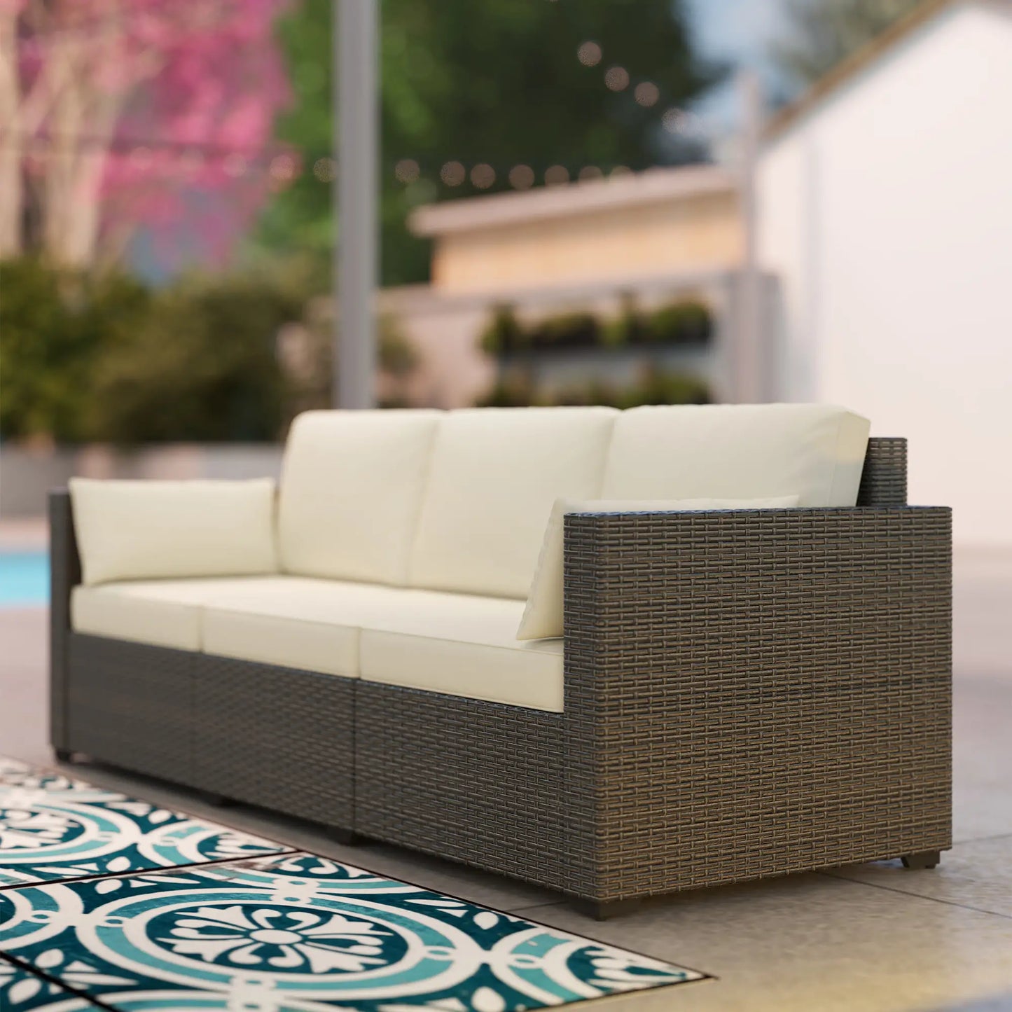 3-Seater Outdoor Sofa, PE Rattan Patio Couch, Cream White Patio Furniture Sets at Gallery Canada